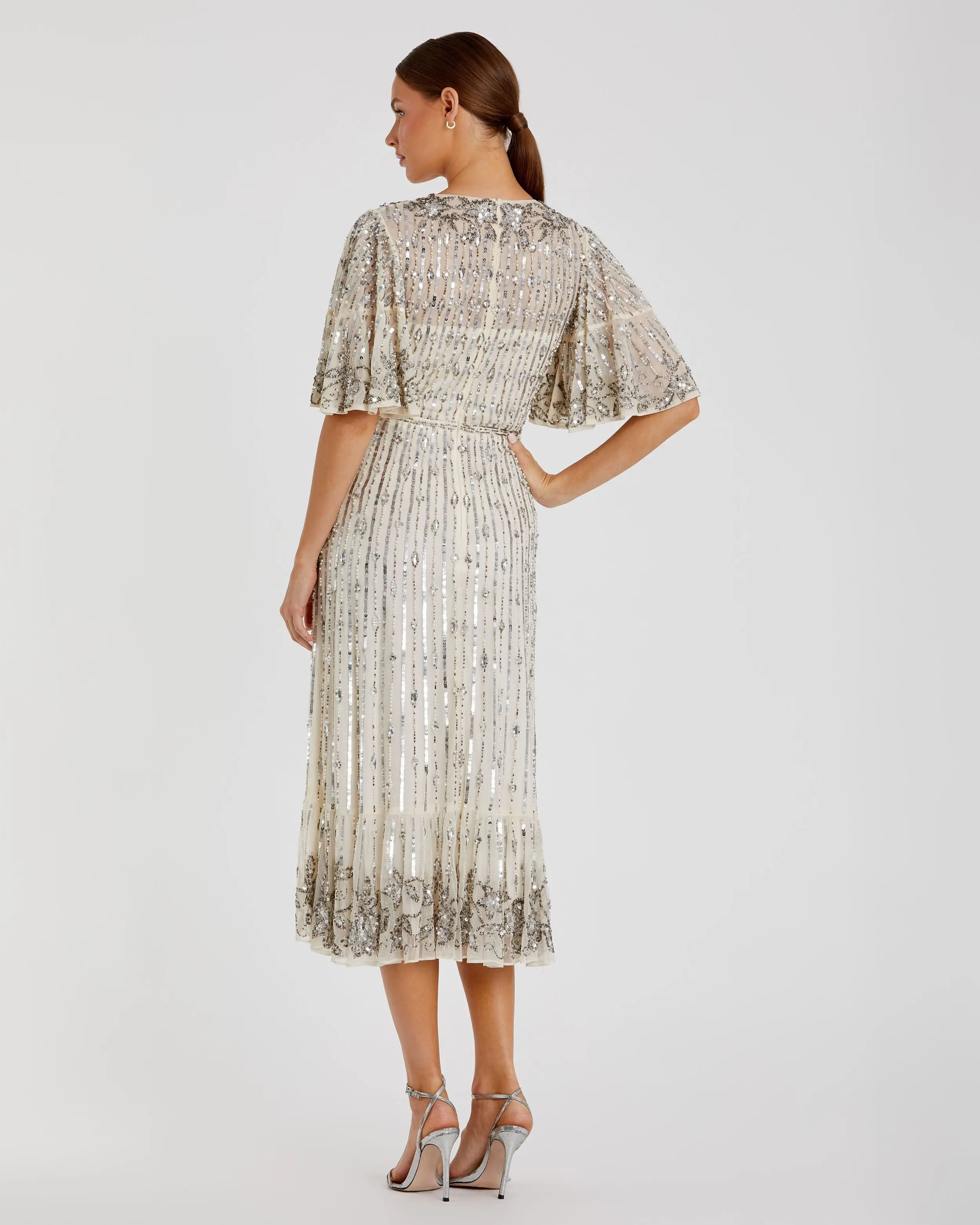 Silver Flounce Sleeve Midi Dress