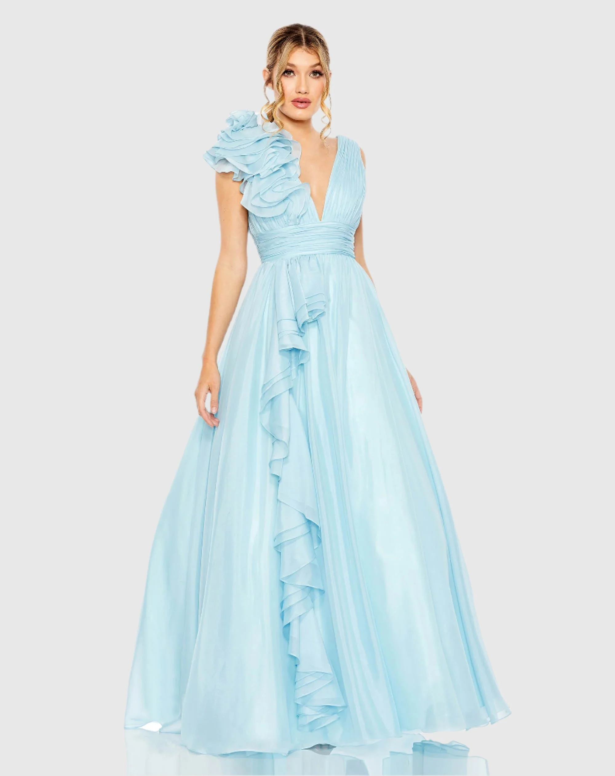 Light Blue Ruffle Shoulder V-Neck Chiffon Gown