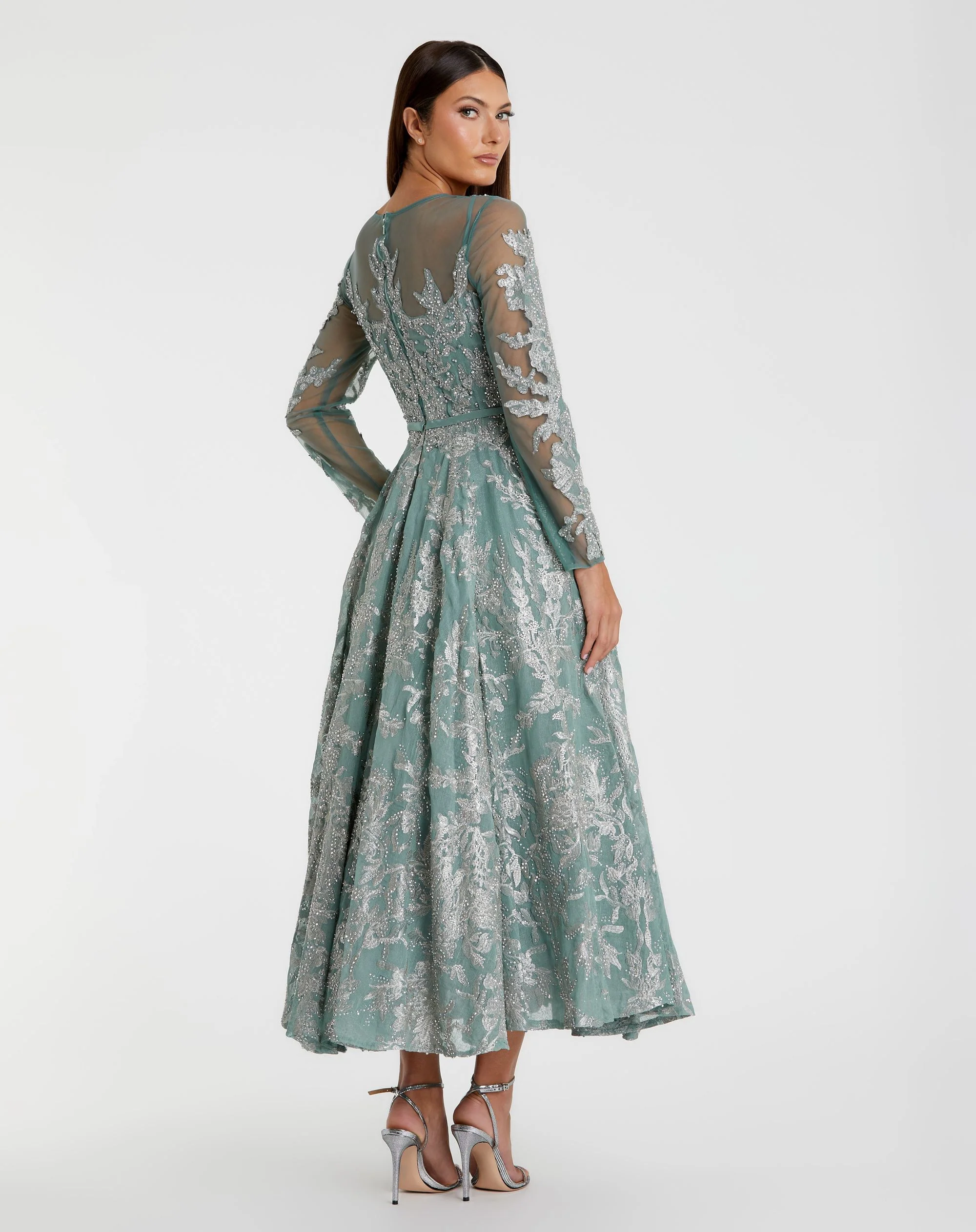 Green Embellished Bow Belt Illusion Long Sleeve A Line Dress