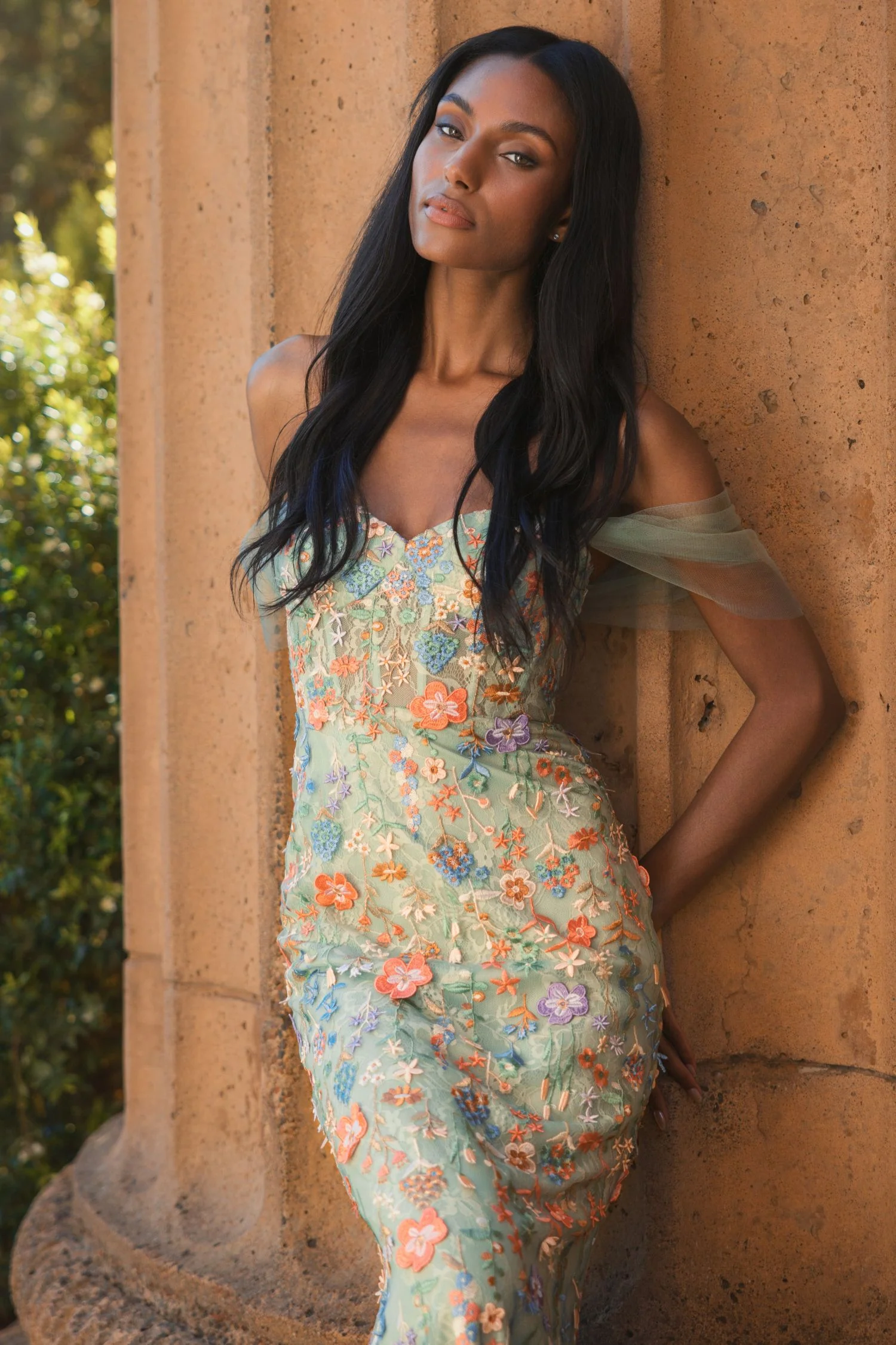 Green Off The Shoulder Bustier Embroidered Net Gown