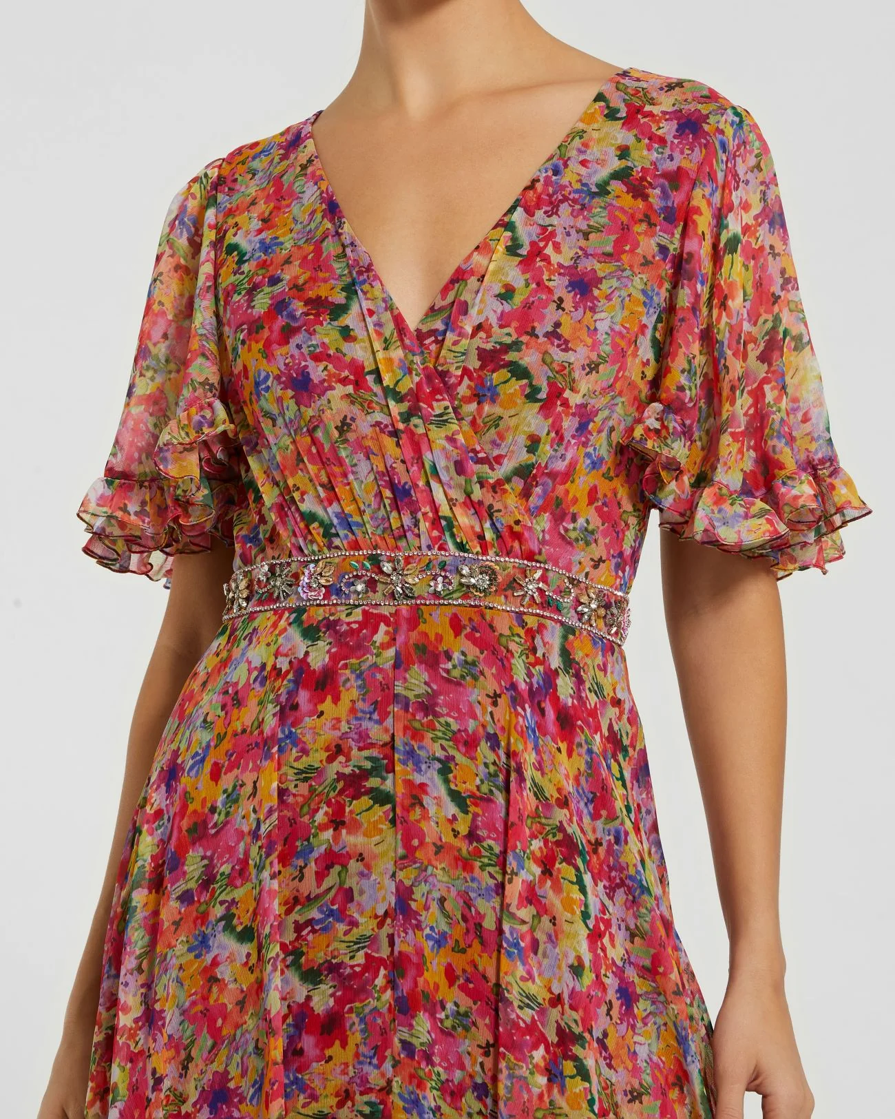 Floral Printed Chiffon Flutter Sleeve Gown