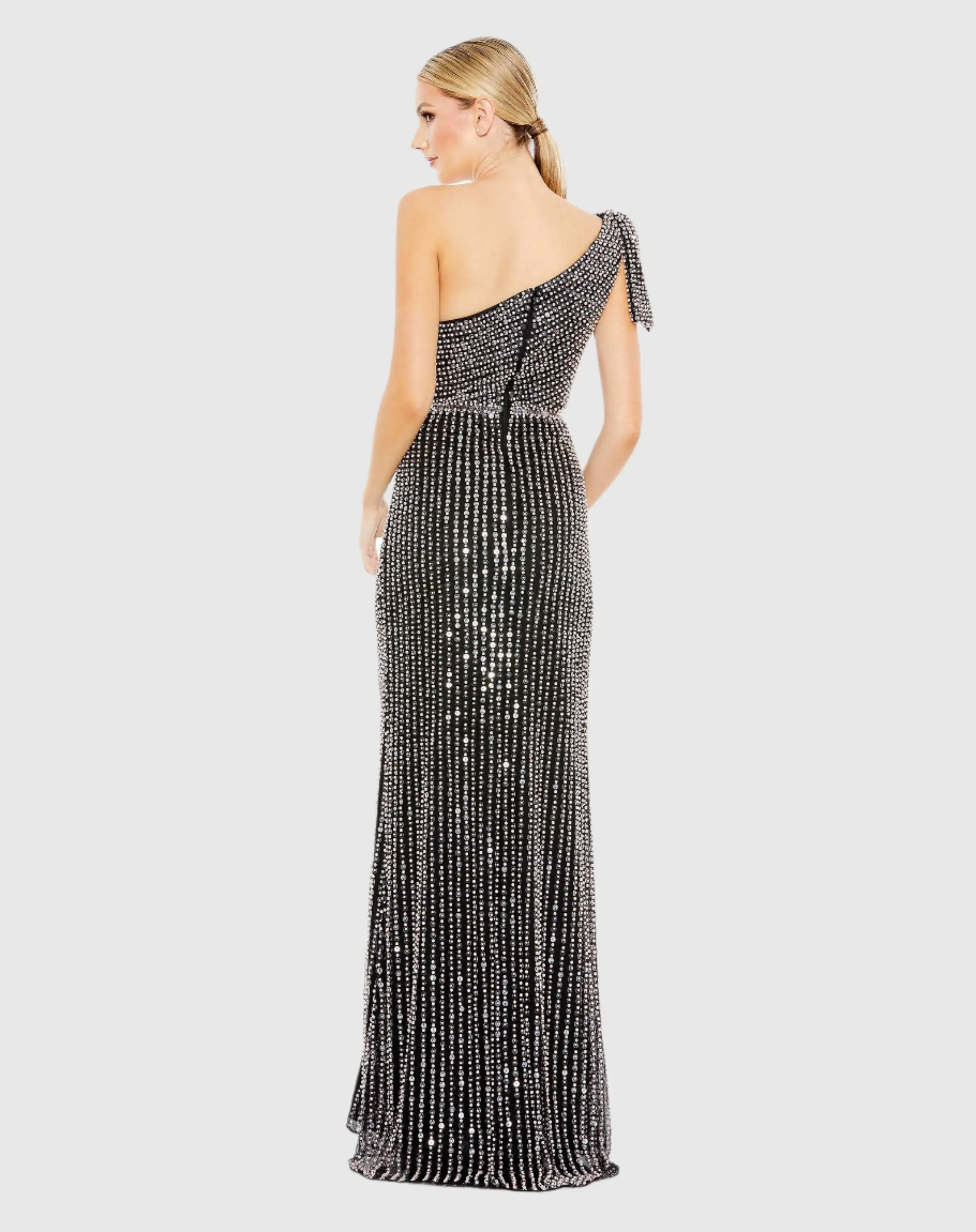 Black Pearl Embellished Soft Tie One Shoulder Gown