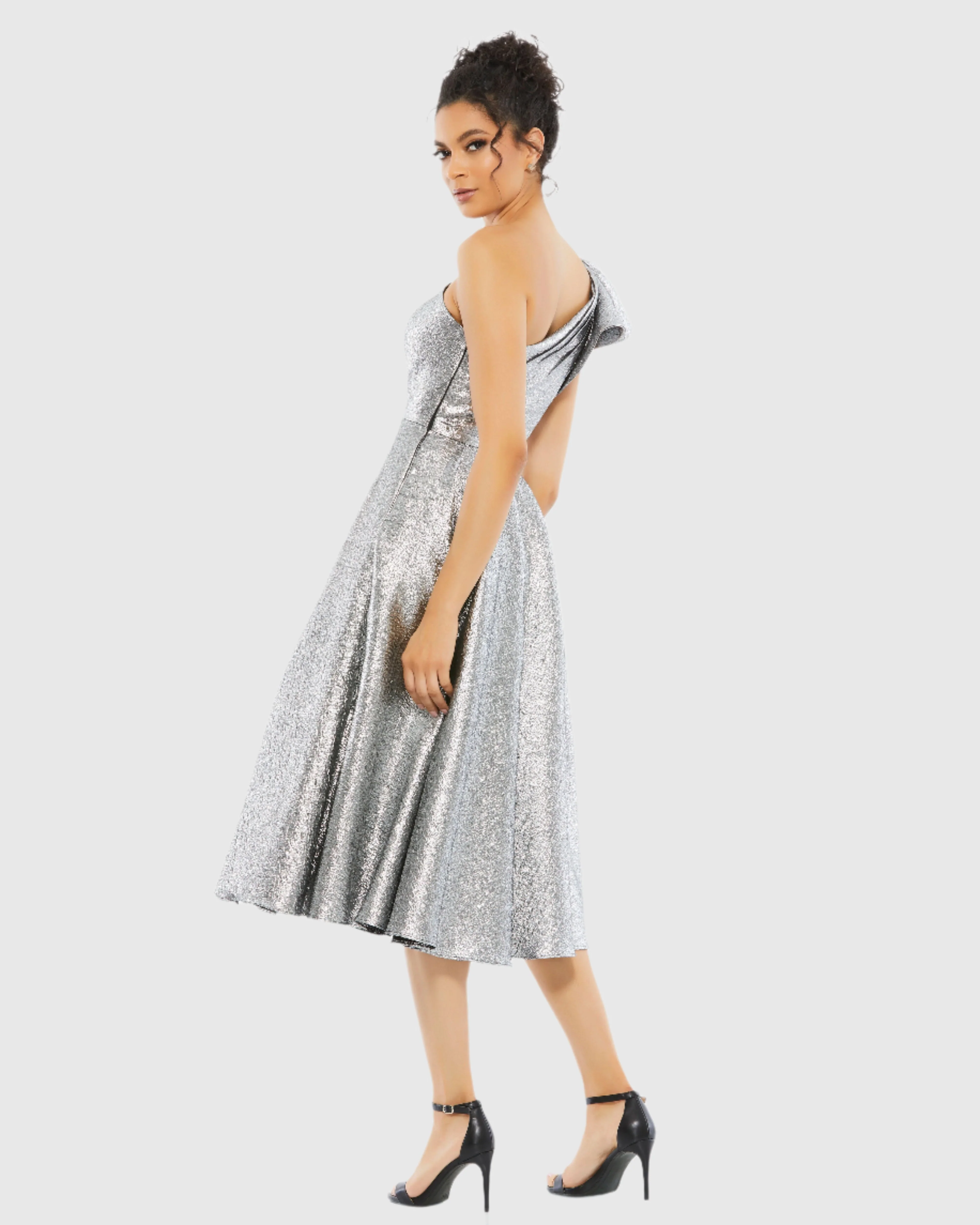 Silver One Shoulder Bow Midi Dress