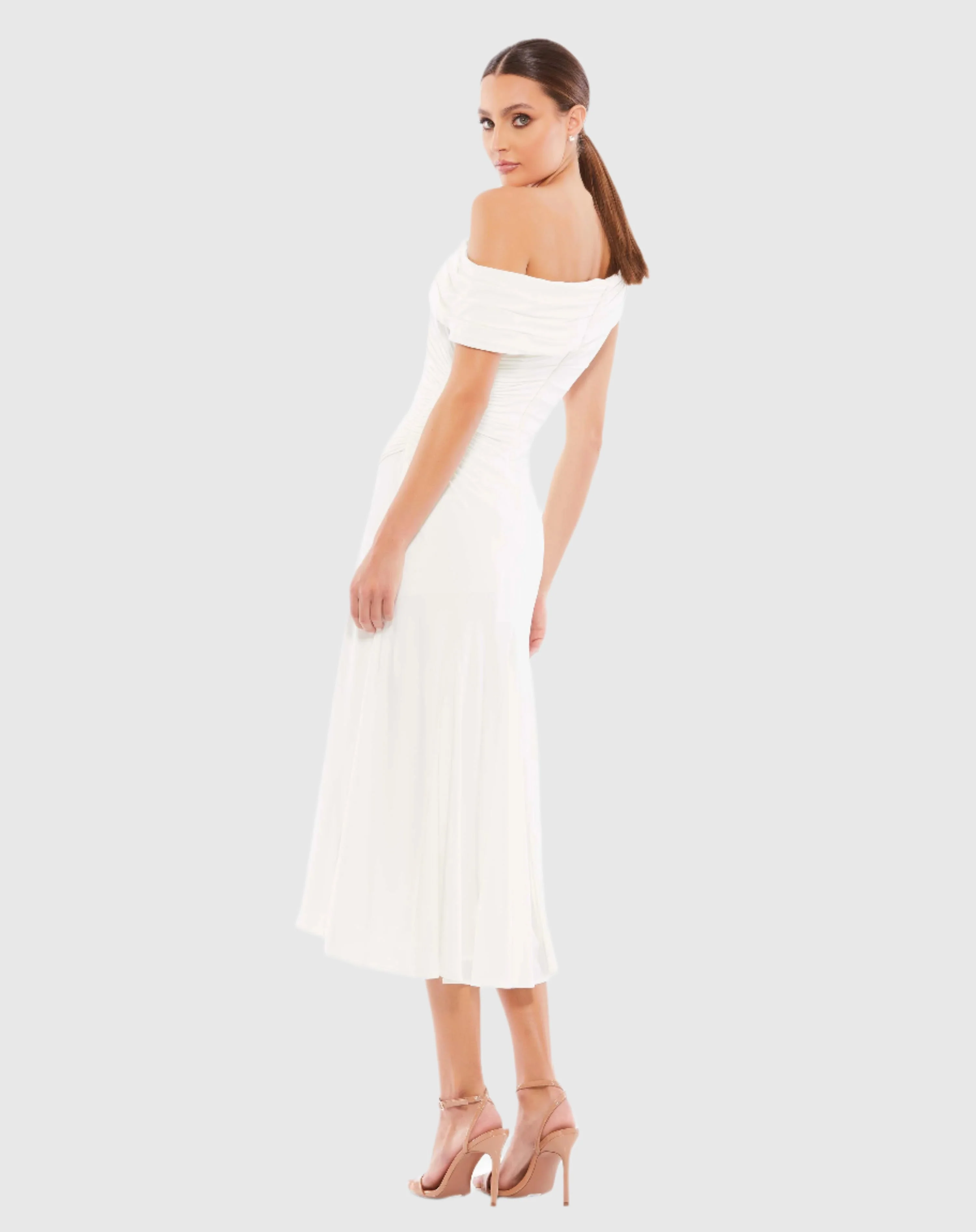 White Ruched Off-The-Shoulder Midi Dress