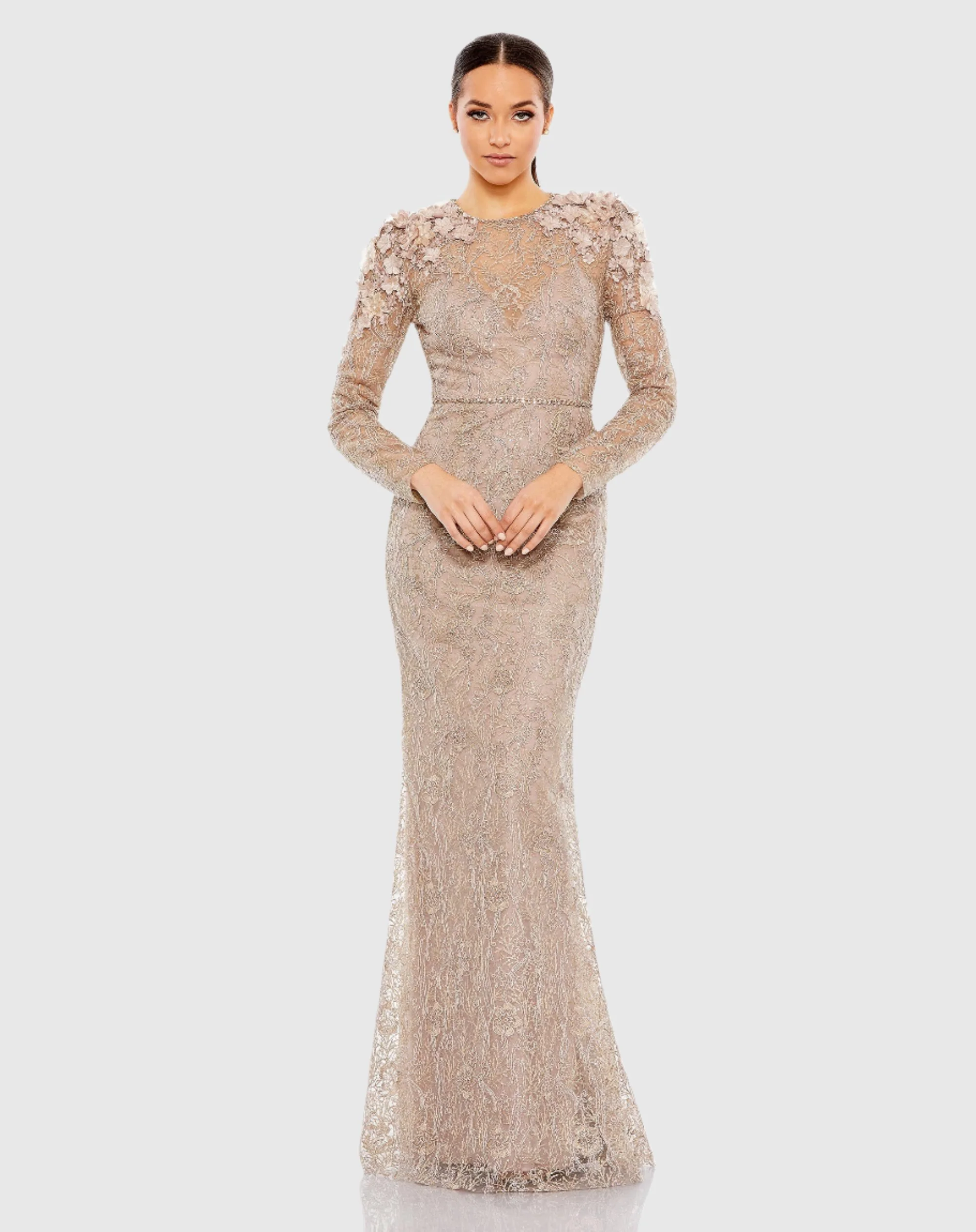 Embellished Shoulder Detail Long Sleeve Gown