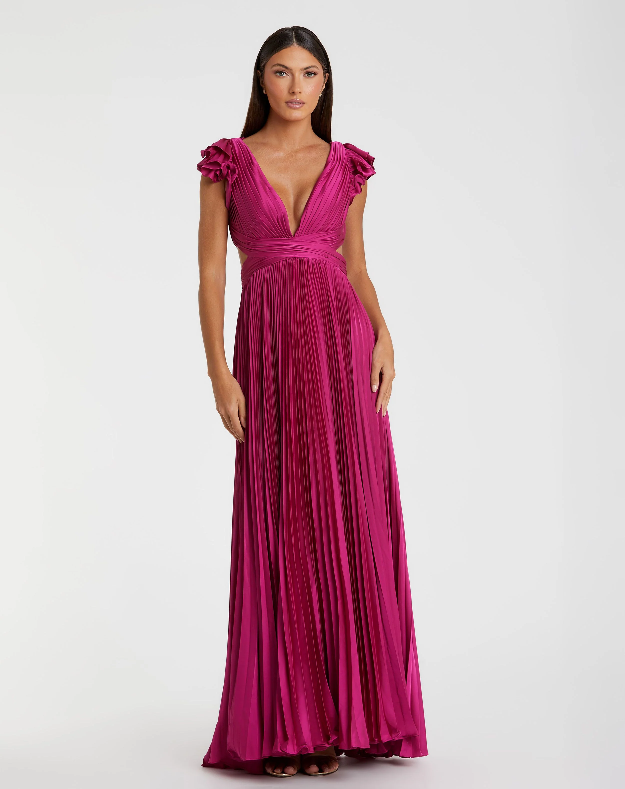 Purple Pleated Ruffled Cap Sleeve Cut Out Lace Up Gown