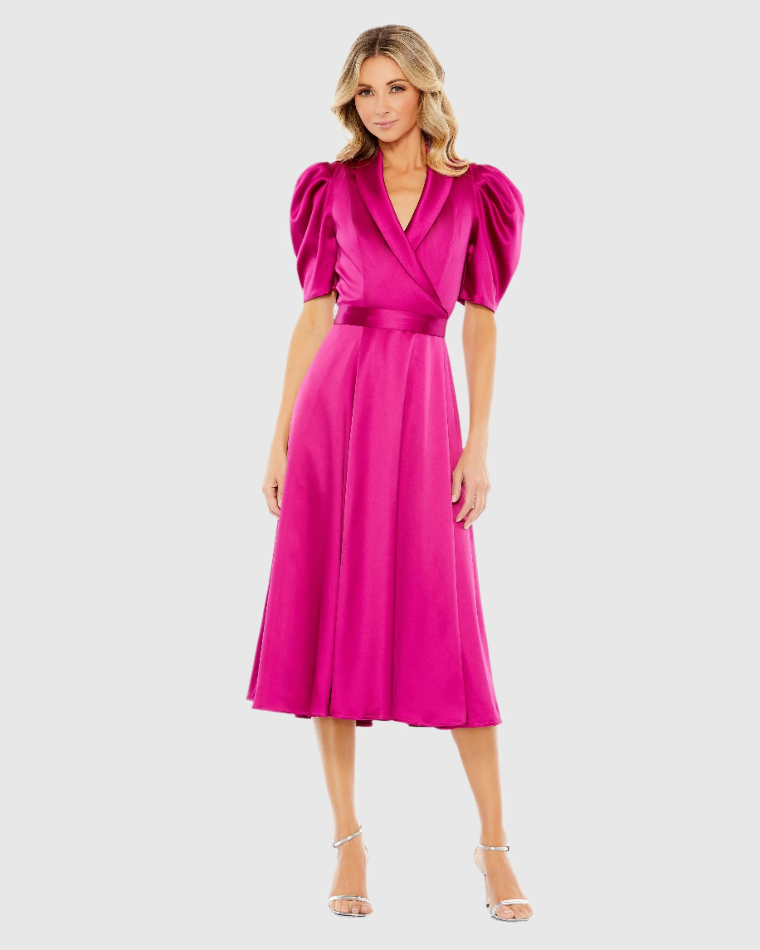 Hot Pink Satin Lapel Puff Sleeve Tea Length Dress
