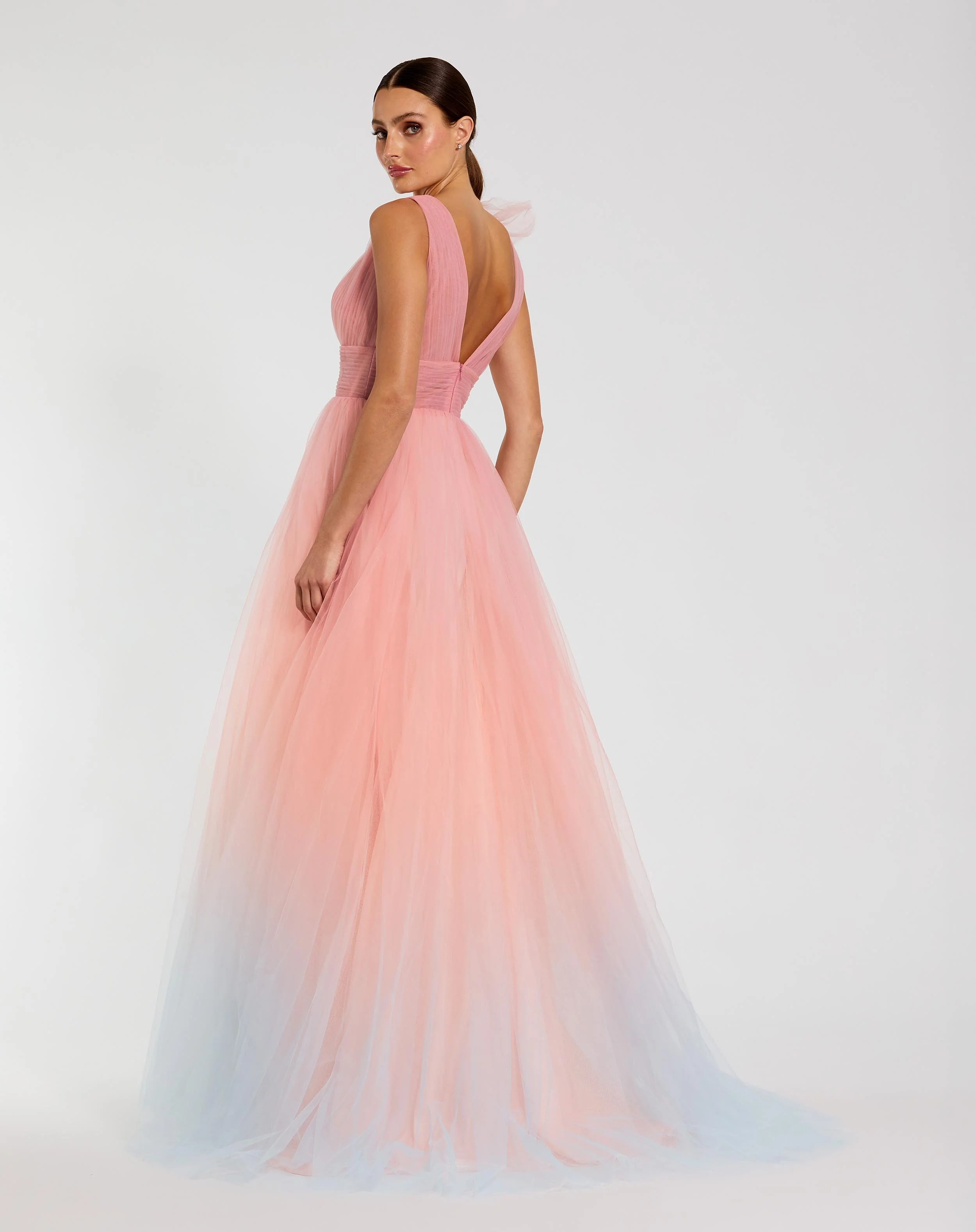 Pink Ruffle Shoulder V Neck Ombre Tulle Ballgown