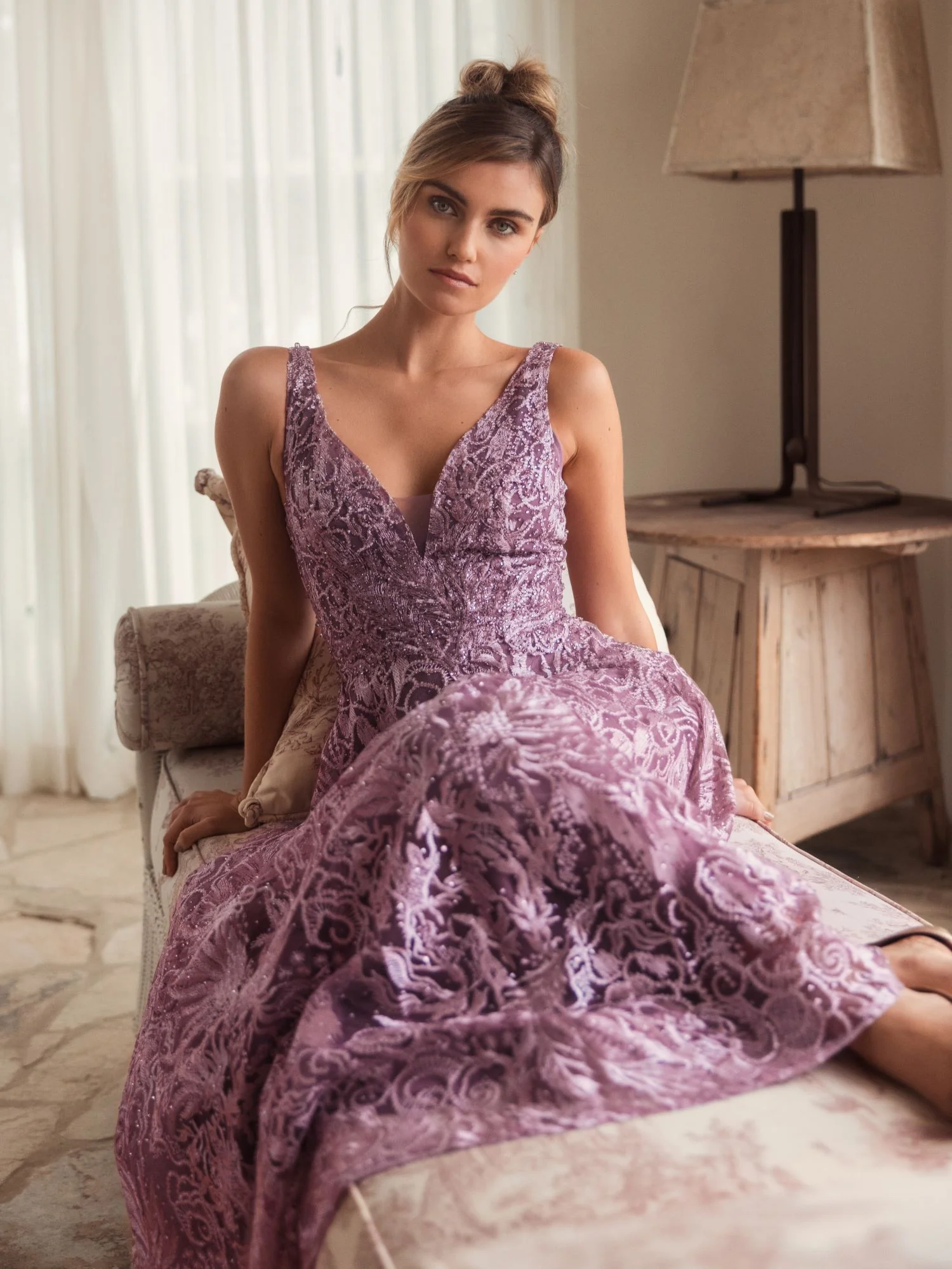 Purple V-Neck Low Cut Back Floral Embroidered A-Line Dress
