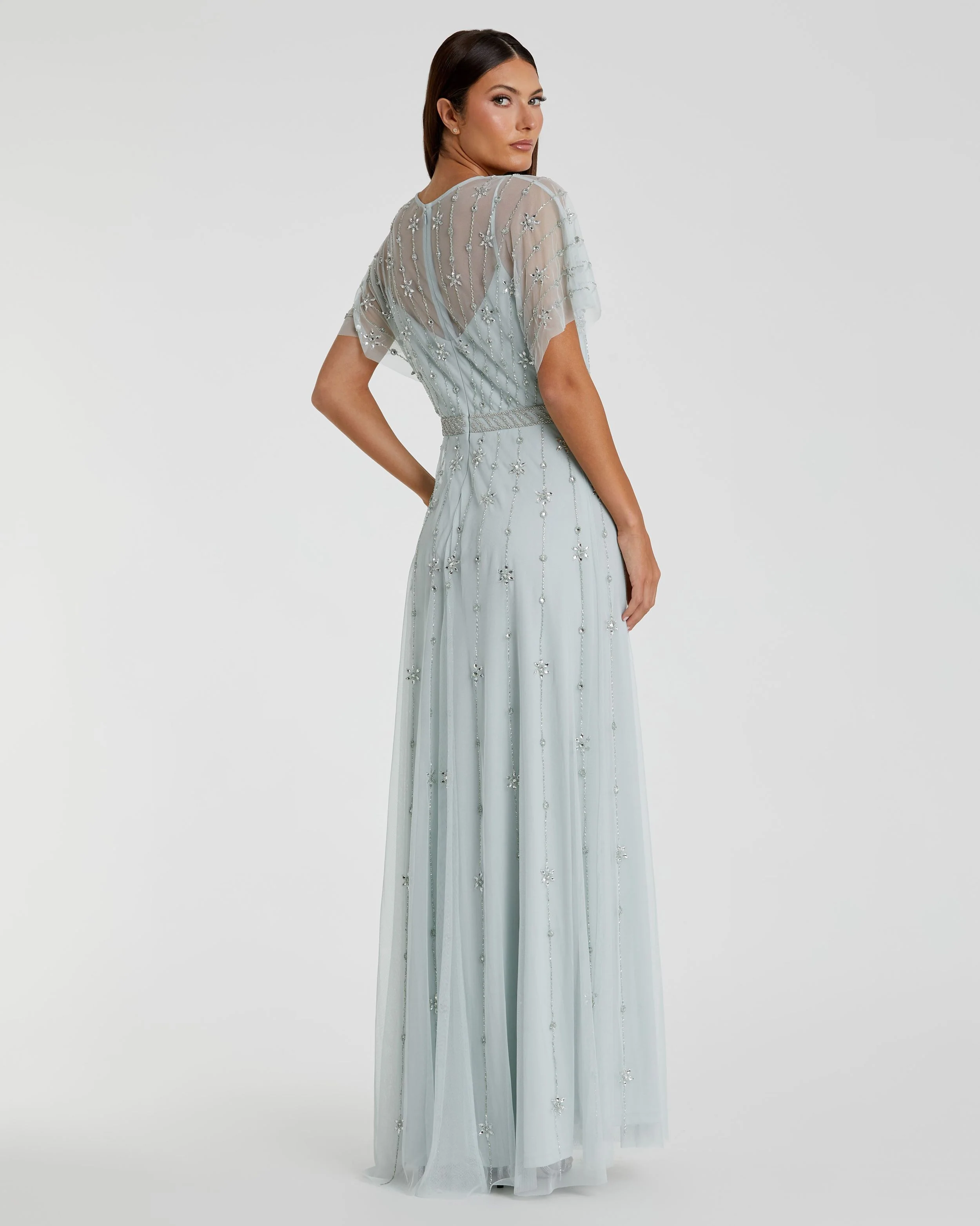 Blue V Neck Embellished Flutter Sleeve A Line Gown