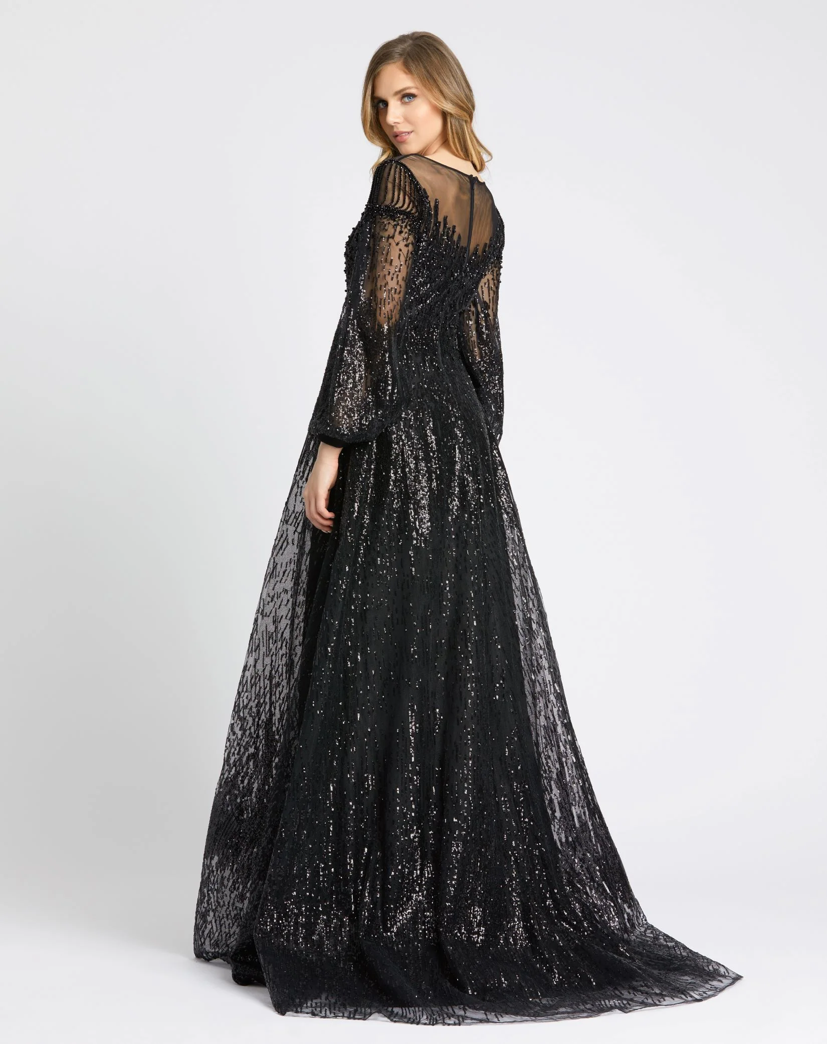 Black Jewel Encrusted Illusion Long Sleeve A Line Gown