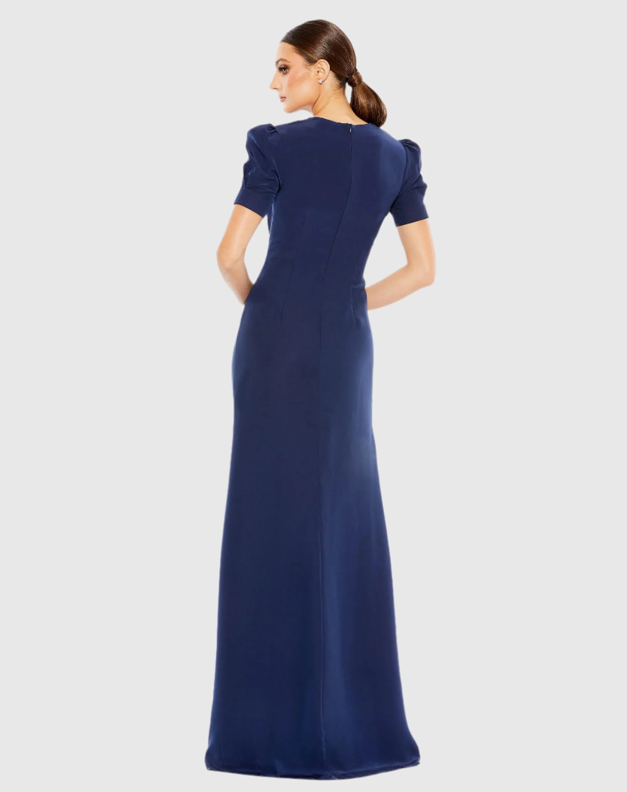 Navy Plunge Neck Puff Sleeve Cut Out Gown