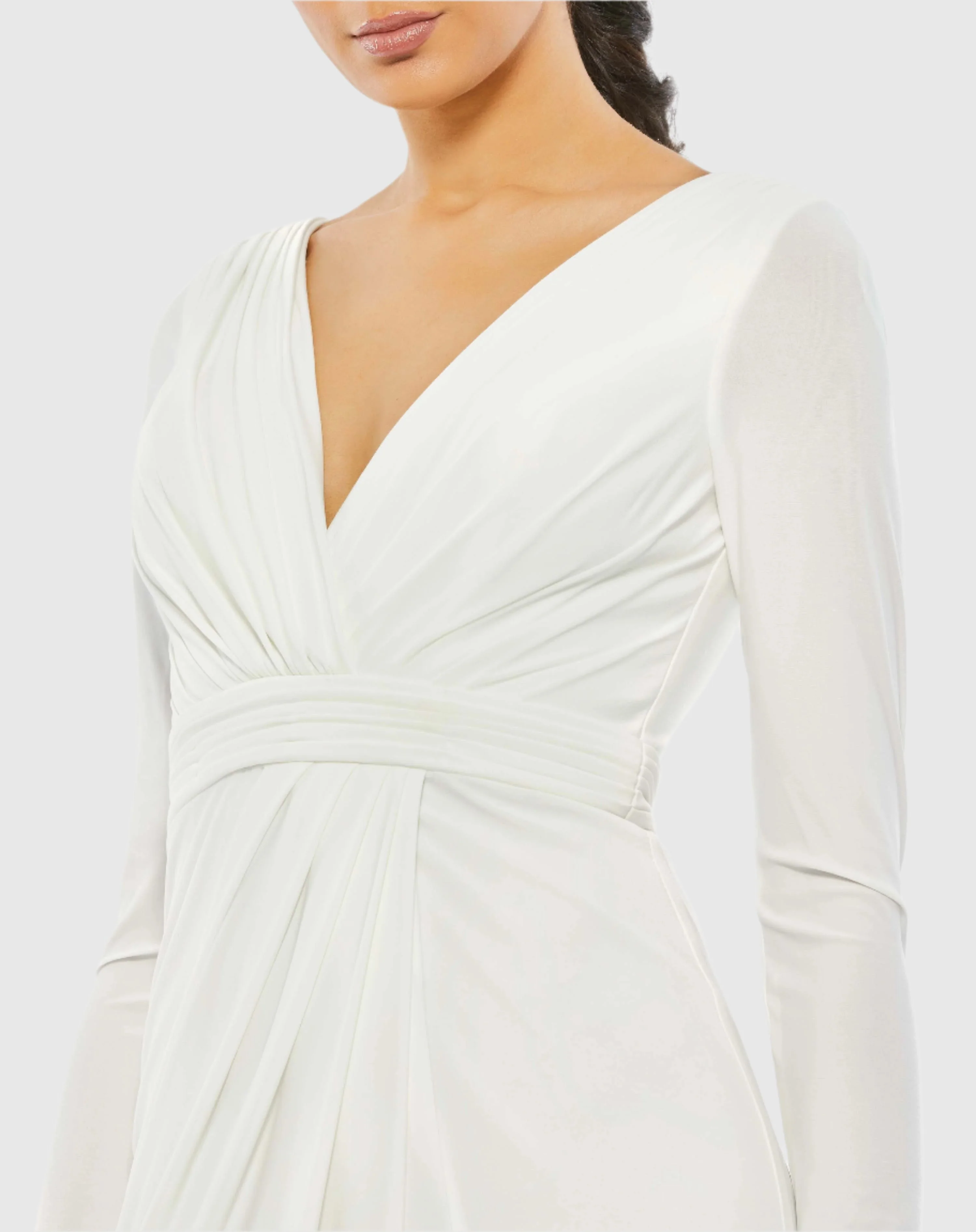 White V-Neck Long Sleeve High Slit Gown