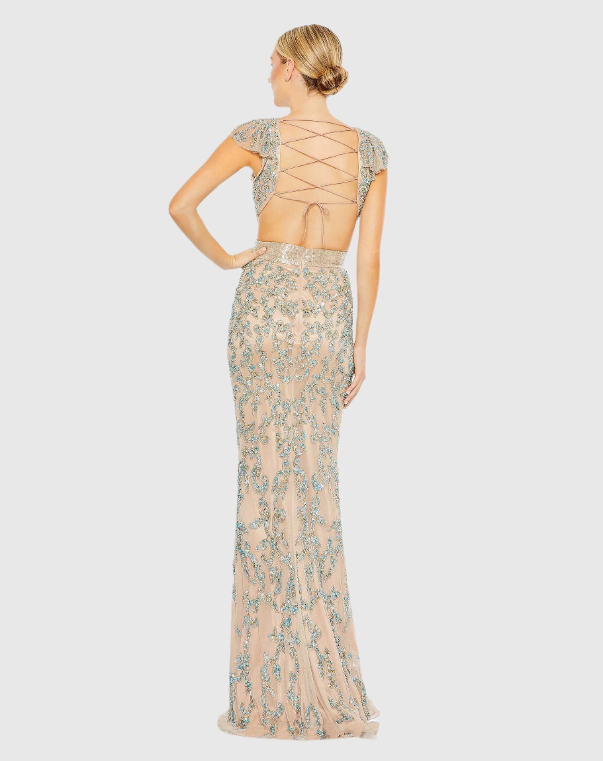 Damask Sequin Embellished Open Back Lace Up Cap Sleeve Gown