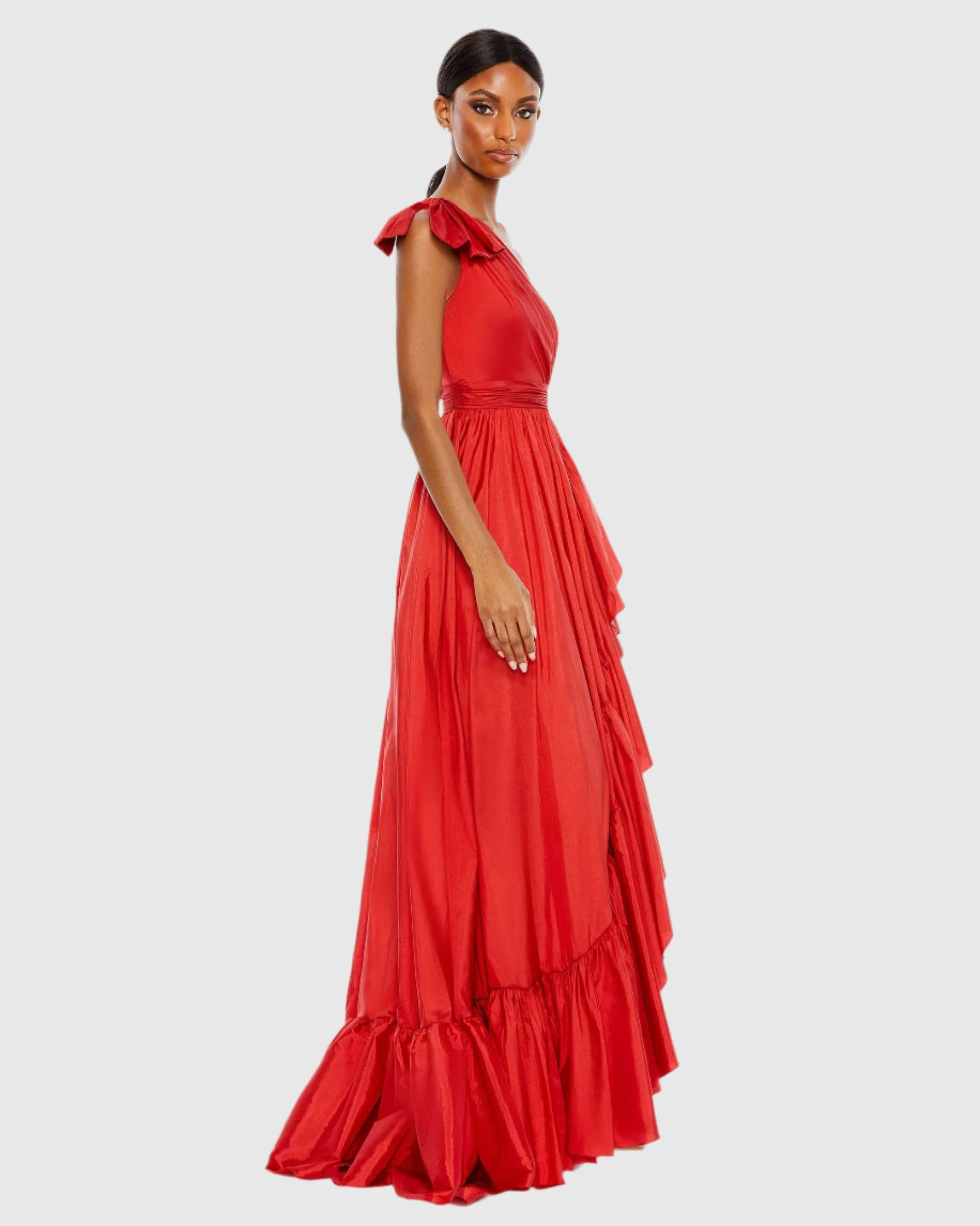 Red Bow One Shoulder Ruffle Asymmetrical Hem Gown