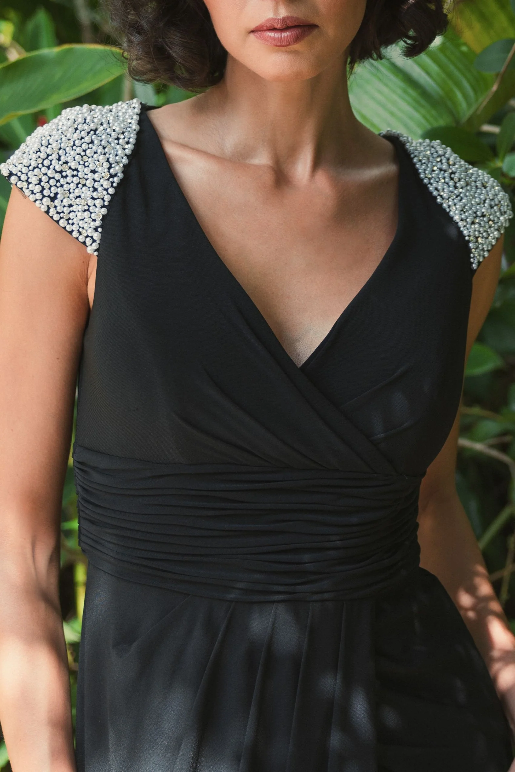 Black V Neck Embellished Cap Sleeve Faux Wrap Slit Gown