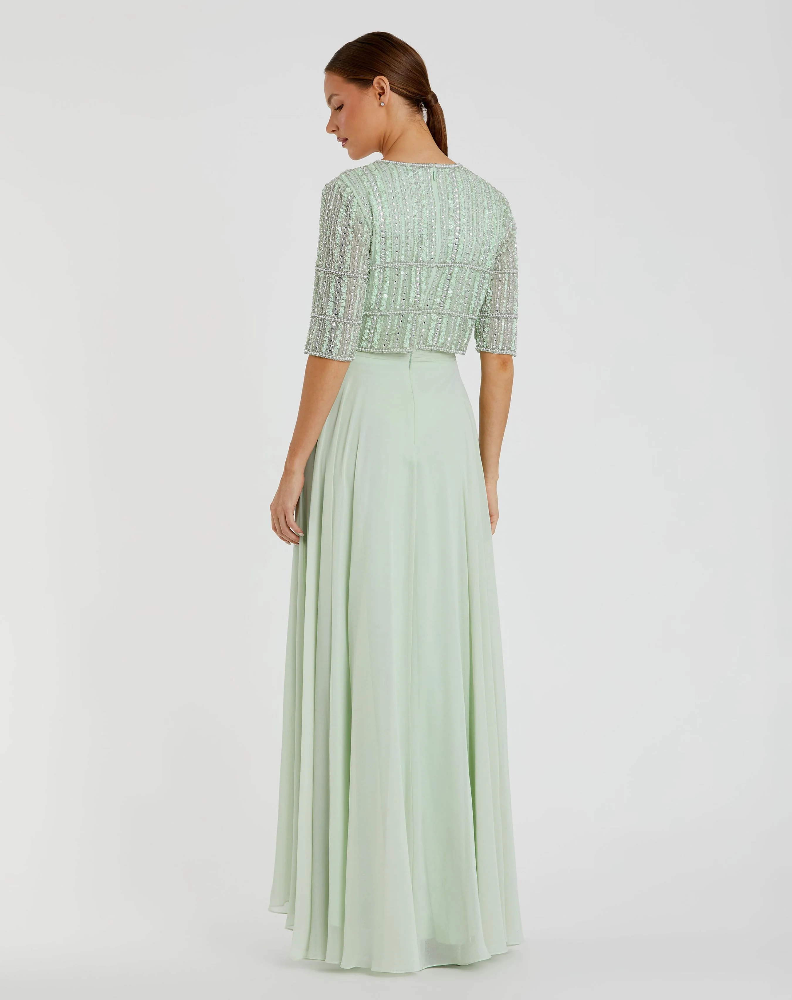 Green Chiffon Gown w/ Fully Beaded 3/4 Sleeve Top