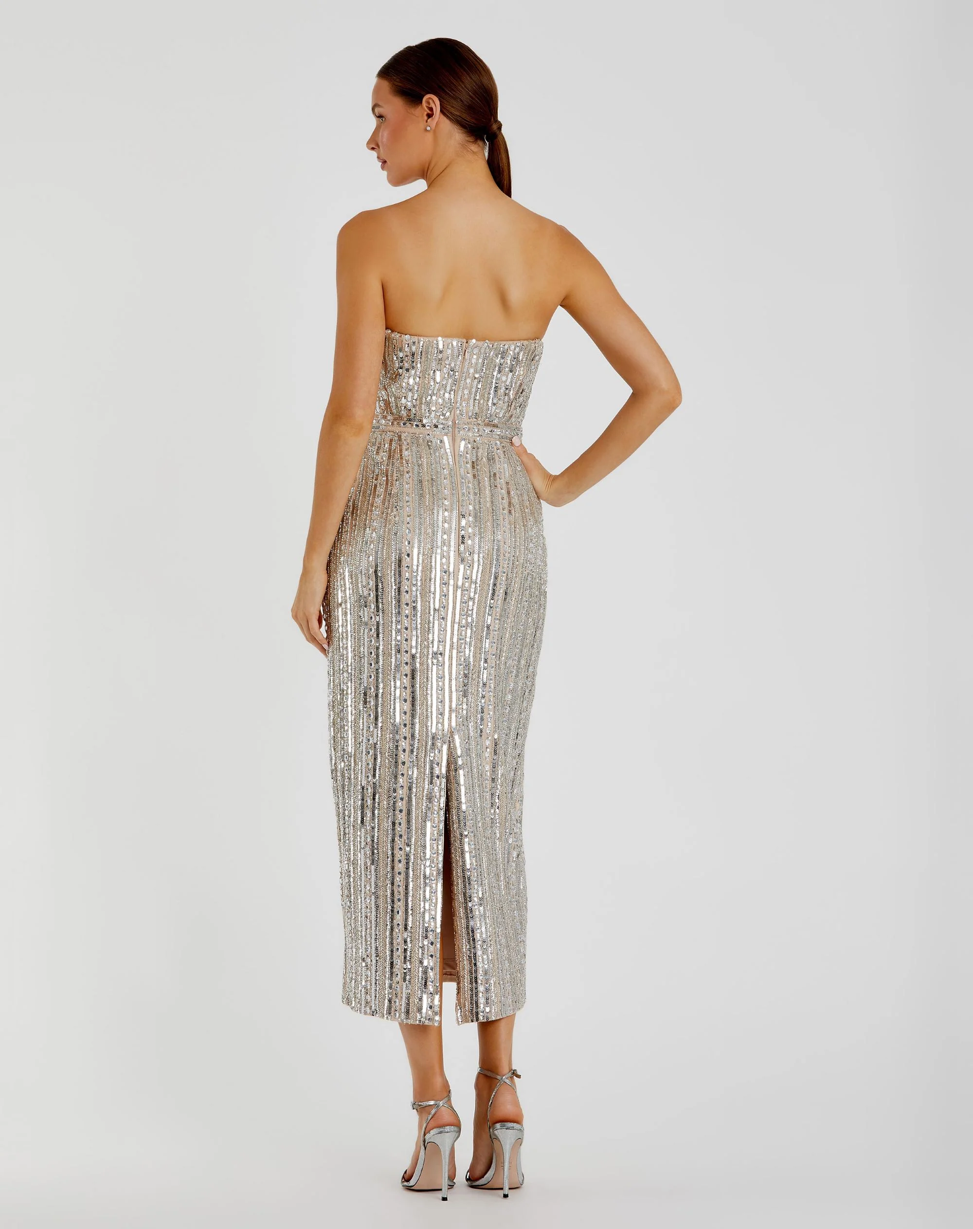 Silver and Beige Embellished Strapless Column Dress