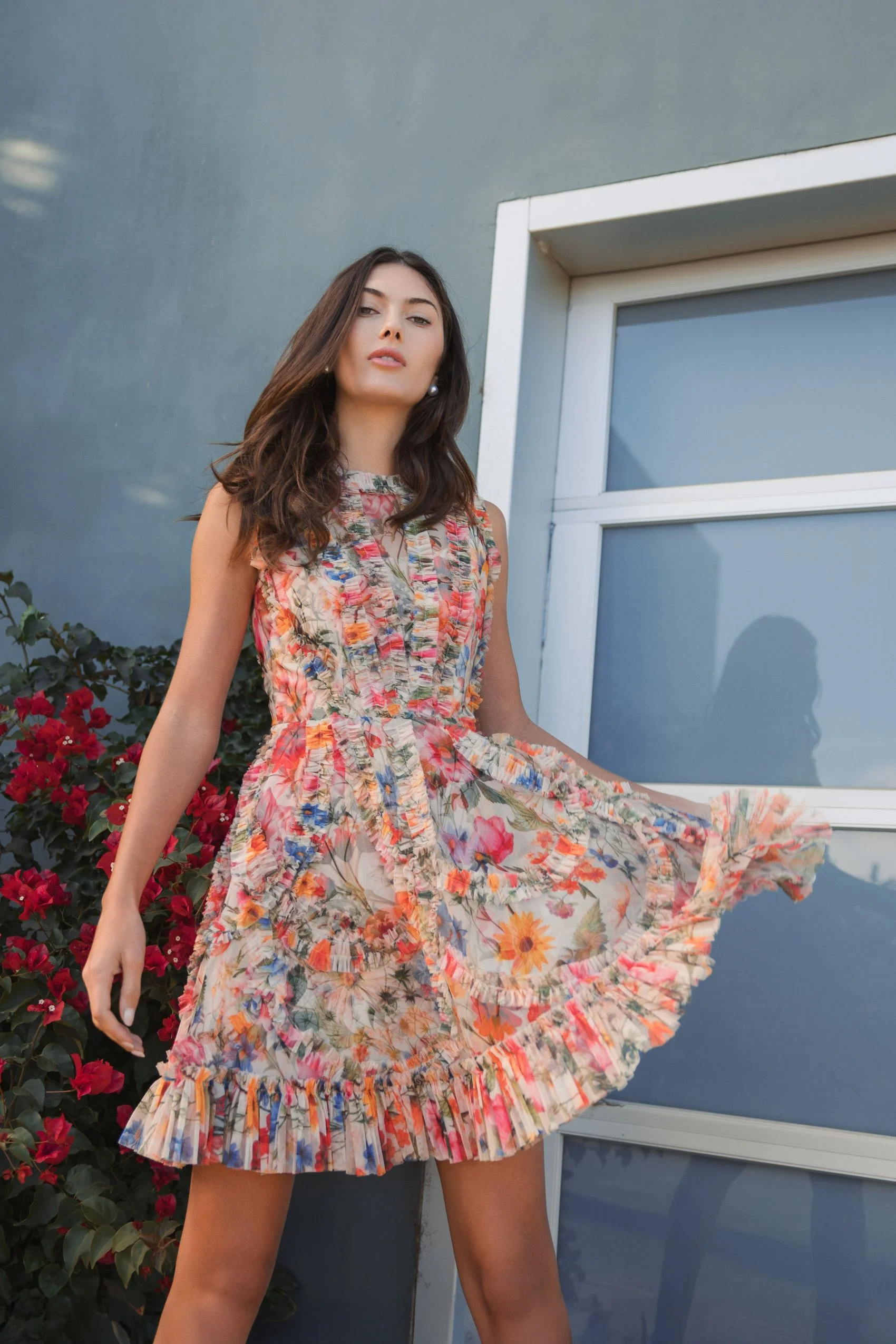 Multicolor Mesh Micro Ruffle High Neck Mini Dress