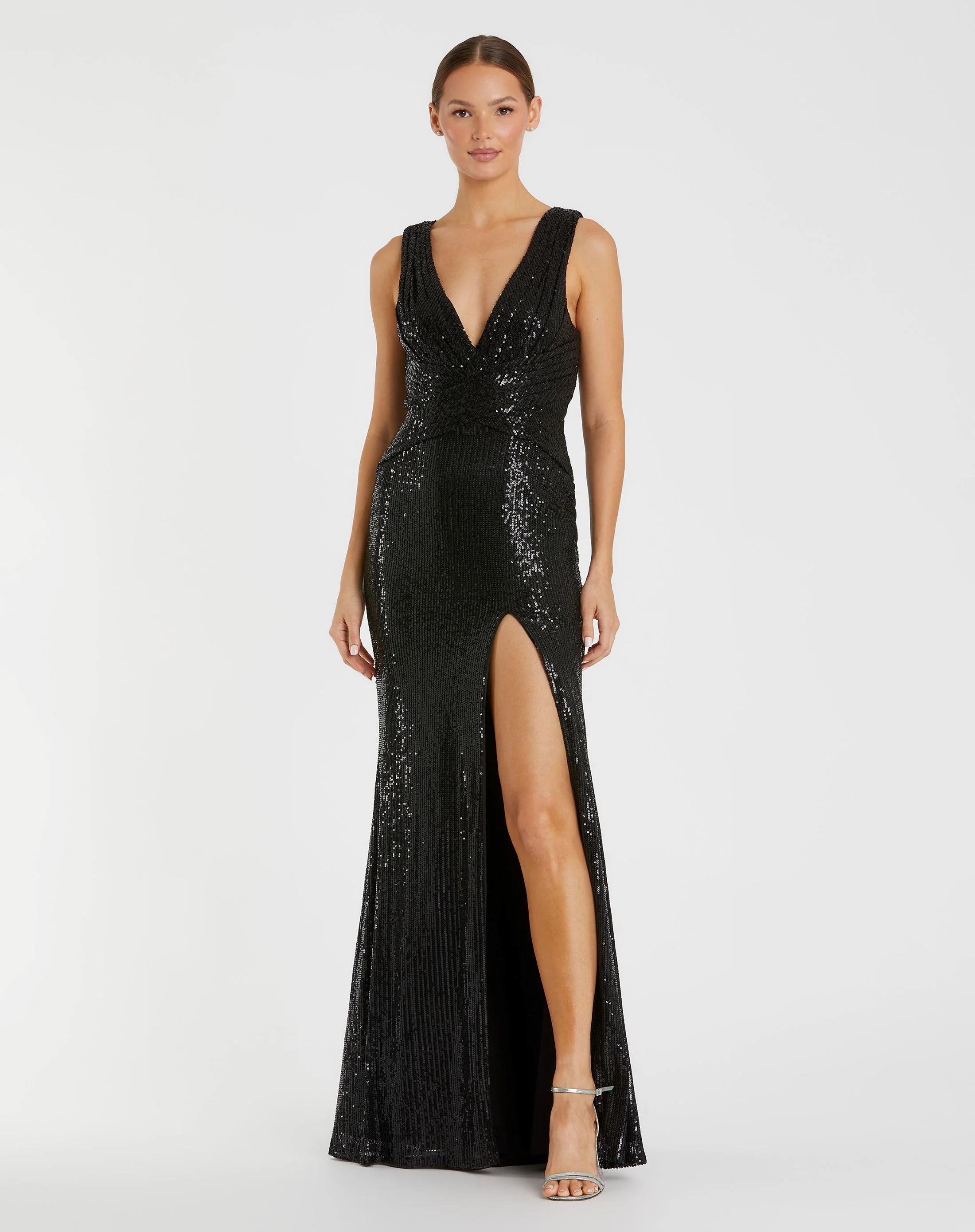 Black V-Neck Sequin Wrap Waist Gown