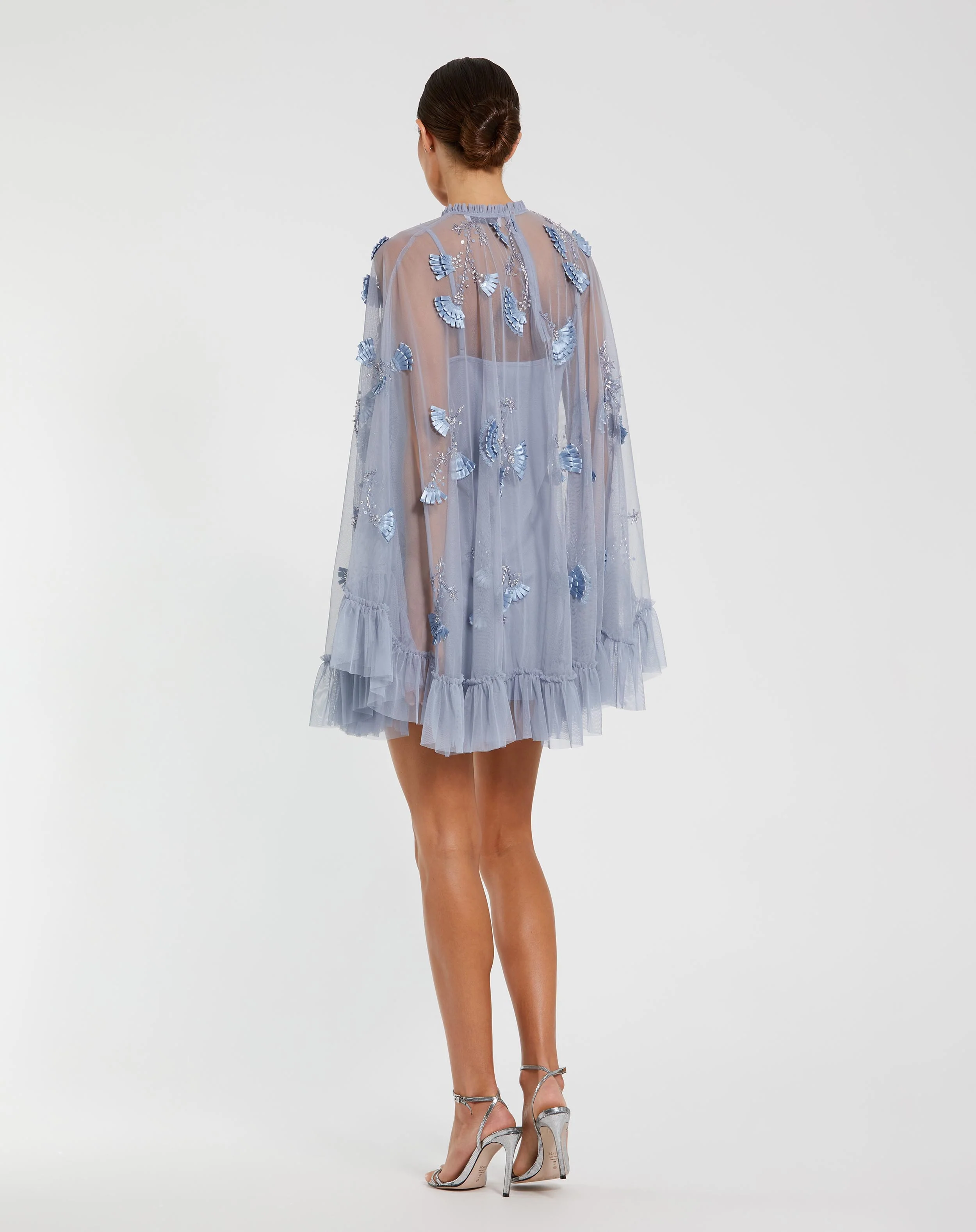 Blue Embellished Long Flare Sleeve Mesh Trapeze Dress