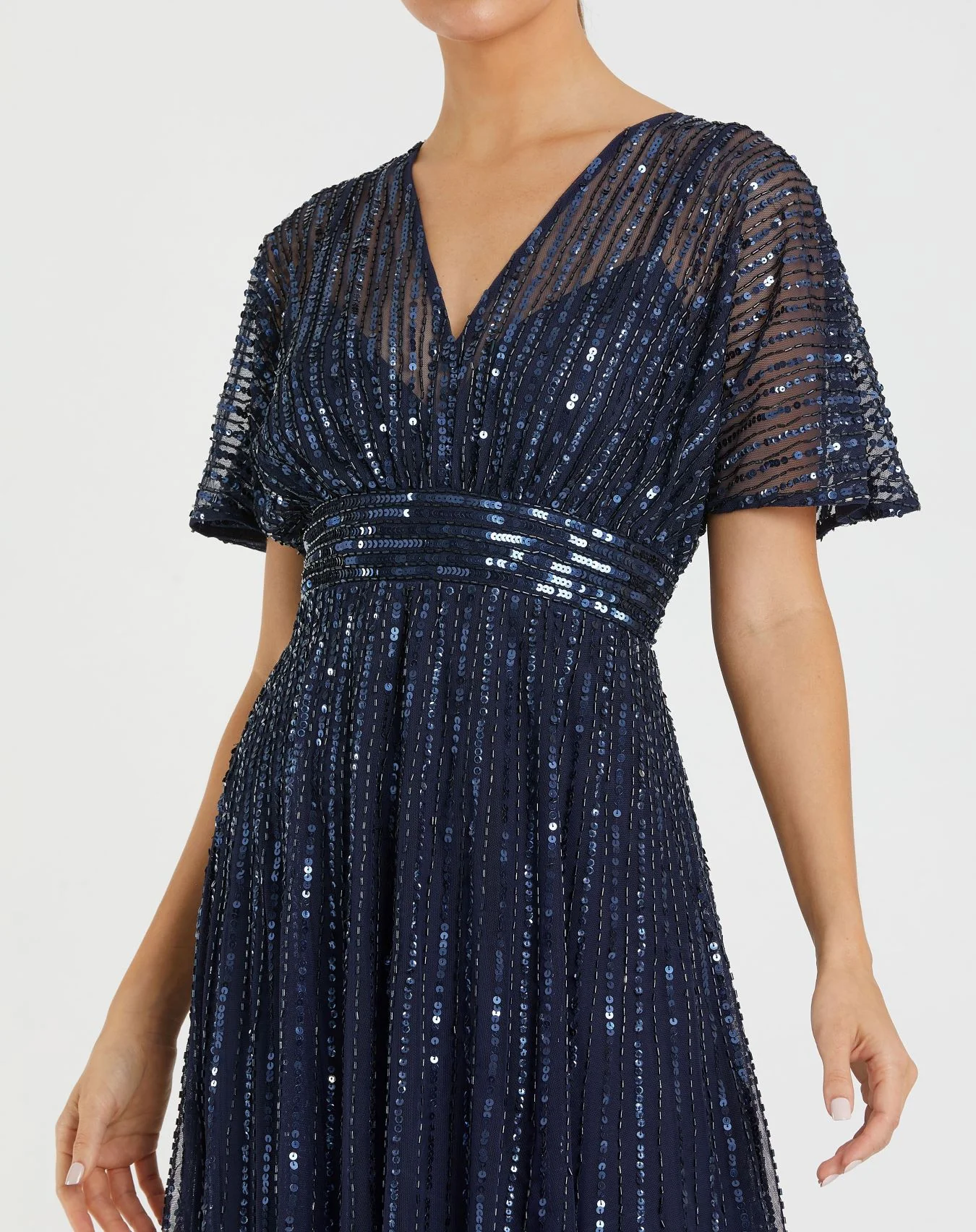Navy A Line Embellished Short Sleeve Dress