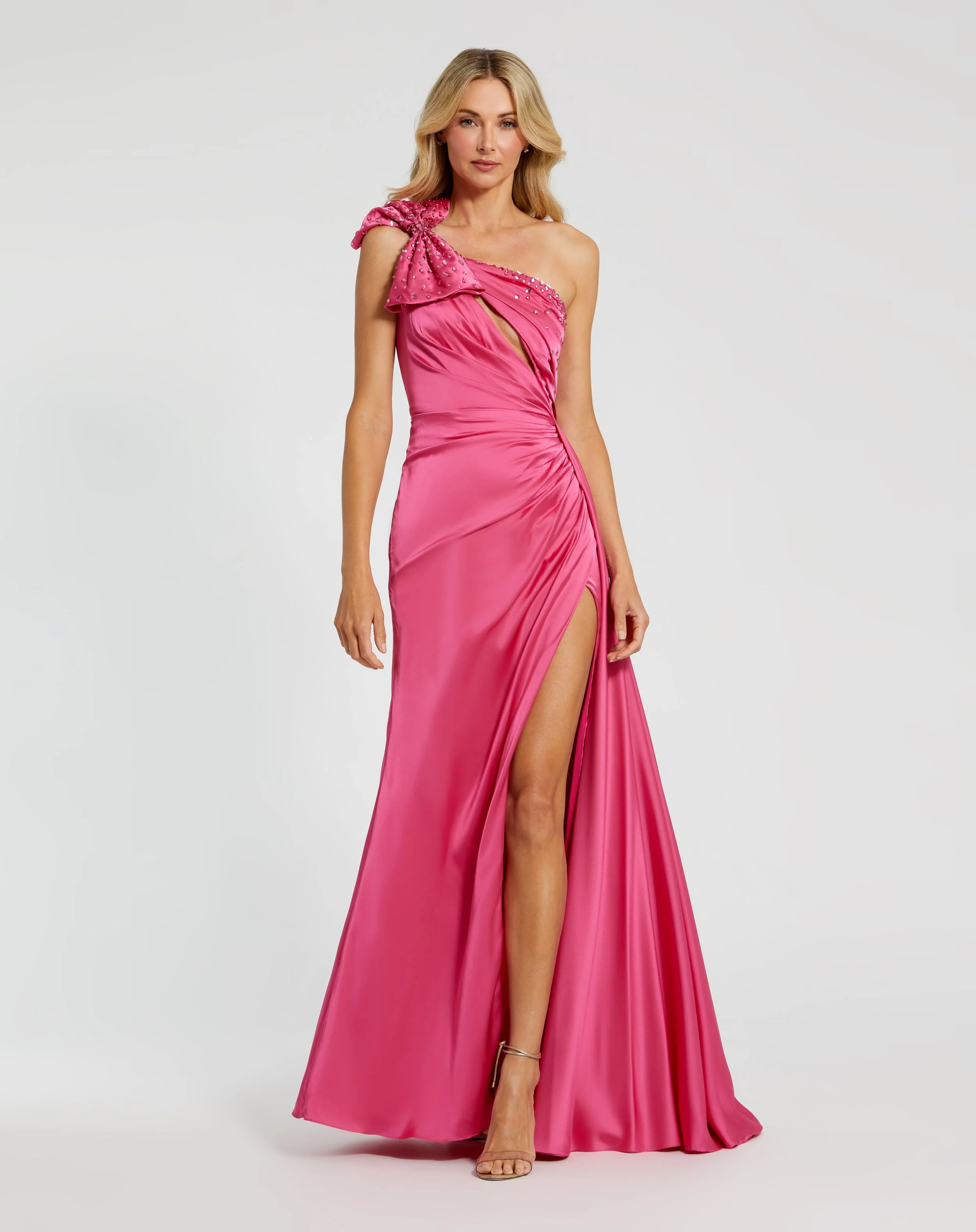 Pink Satin One Shoulder Gown w/ Embellished Bow