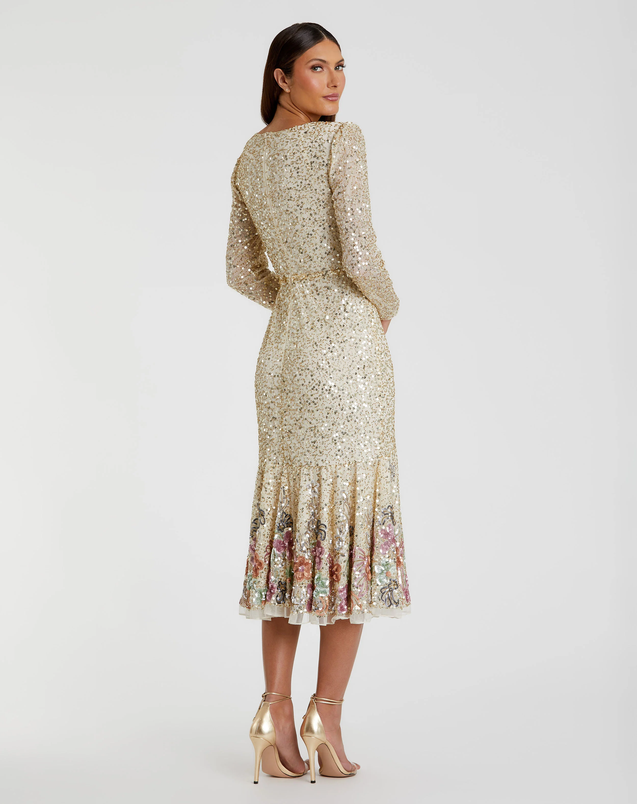Gold Multicolor Faux Wrap Long Sleeve Tea Length Dress