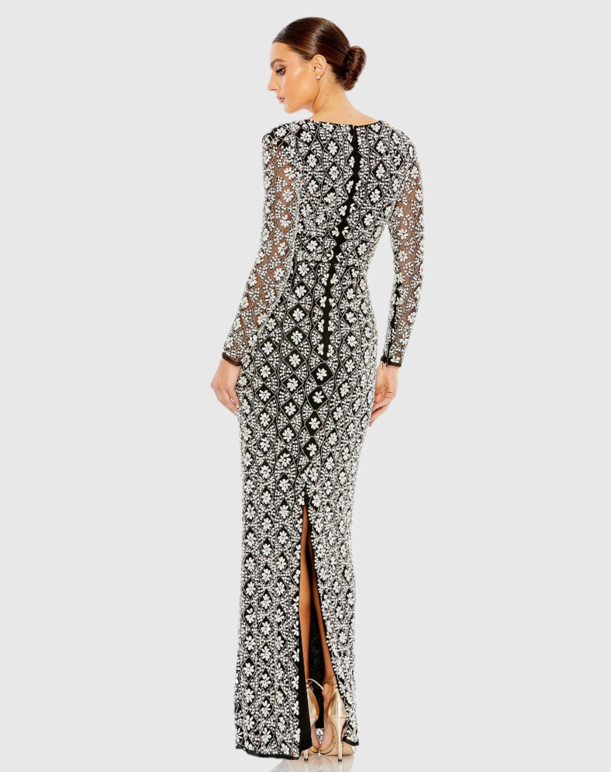 Fully Beaded Long Sleeve Column Gown