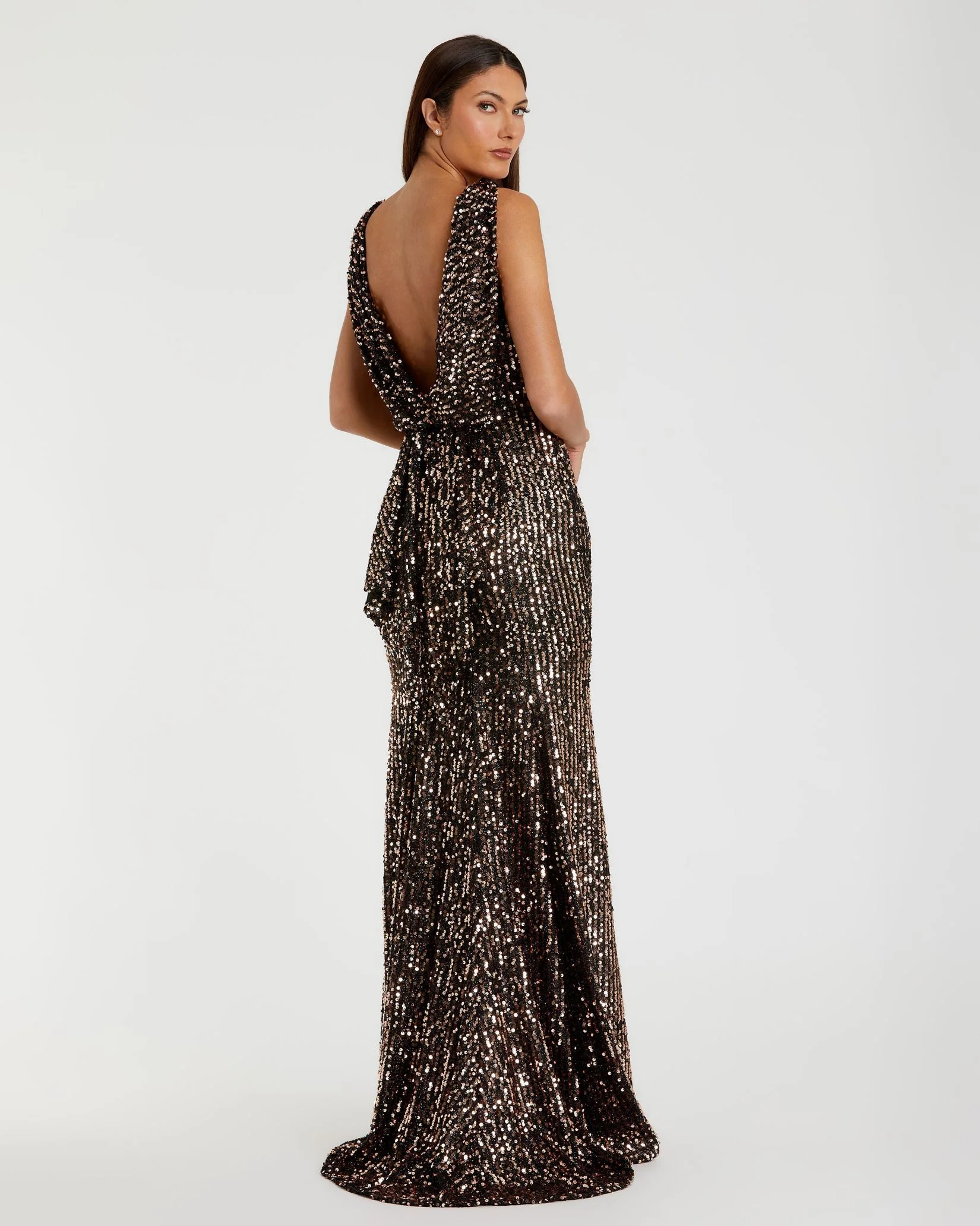 Brown Cowl Back Boat Neck Sequined Evening Gown