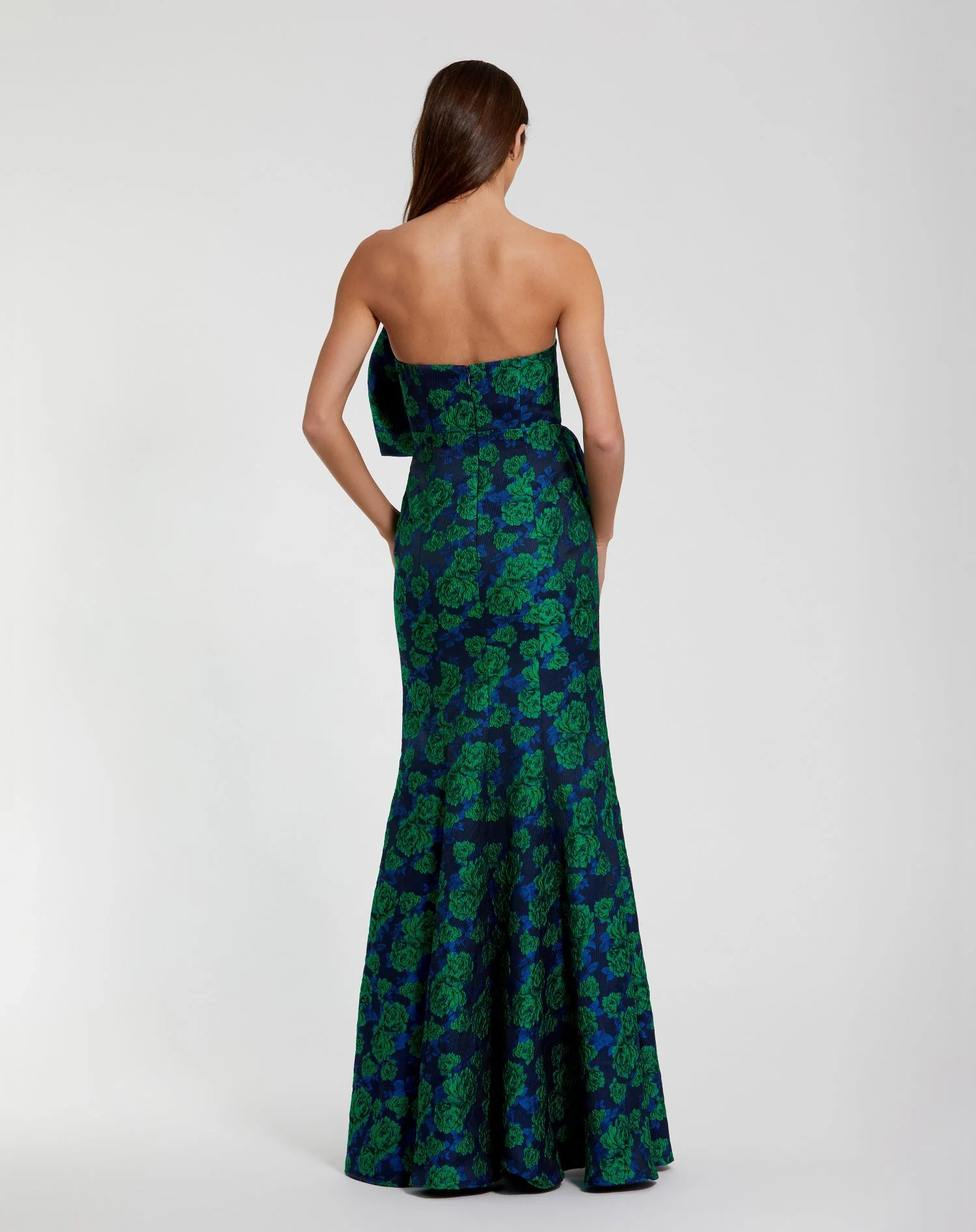 Blue and Green Strapless Brocade Fitted Gown With Oversized Bow