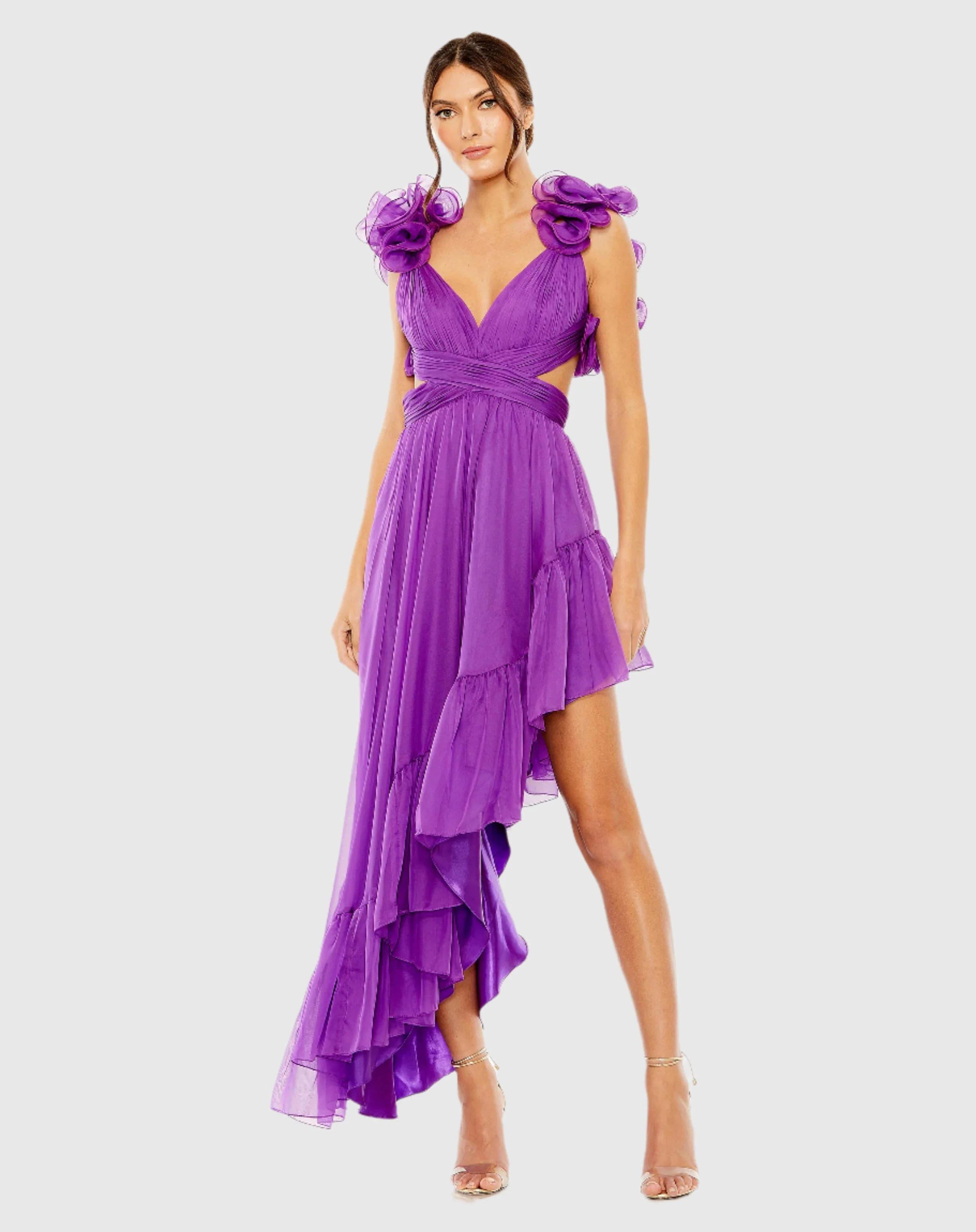 Purple Ruffle Tiered Cut-Out Chiffon High Low Gown