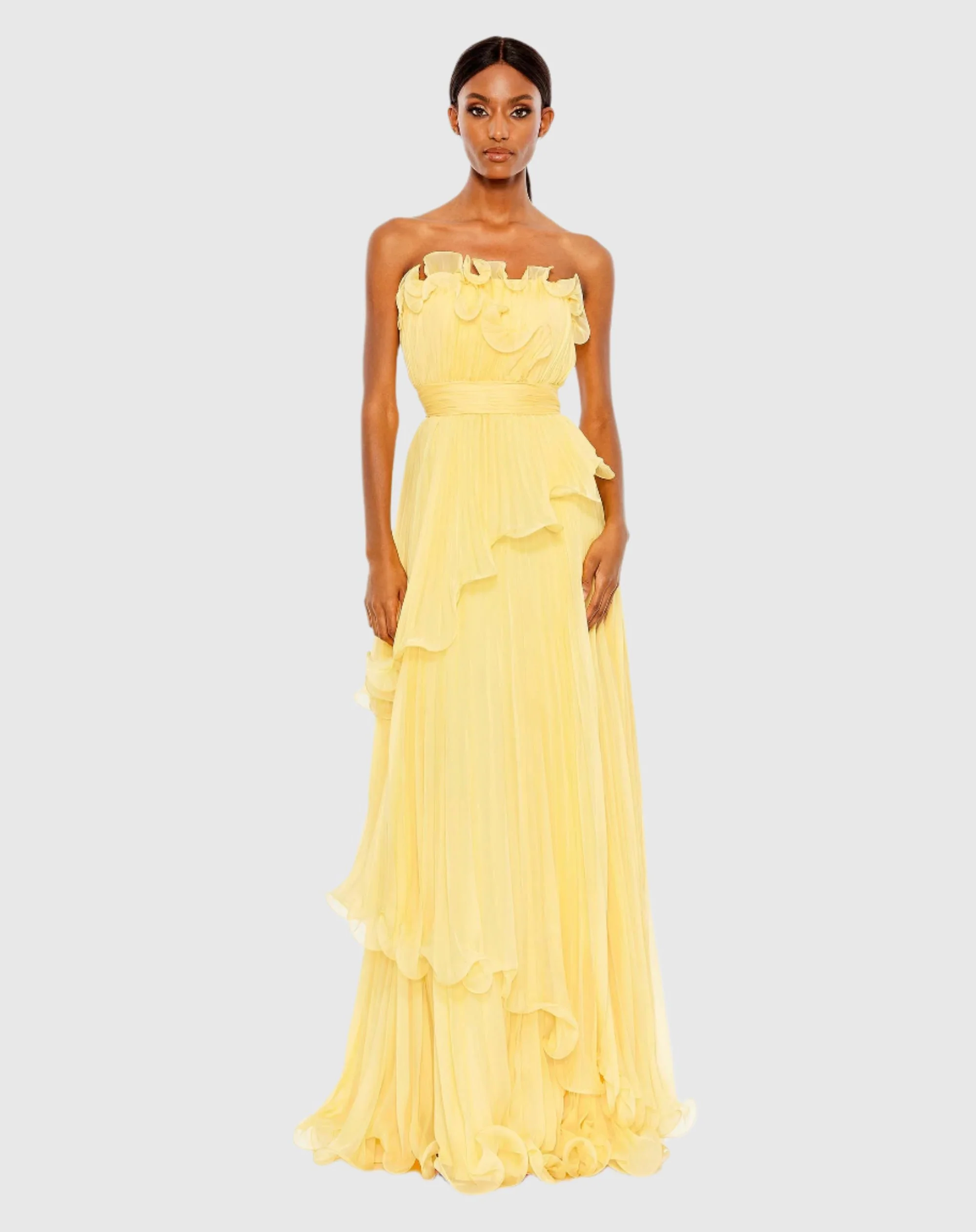 Yellow Pleated Tiered Ruffled Strapless Gown