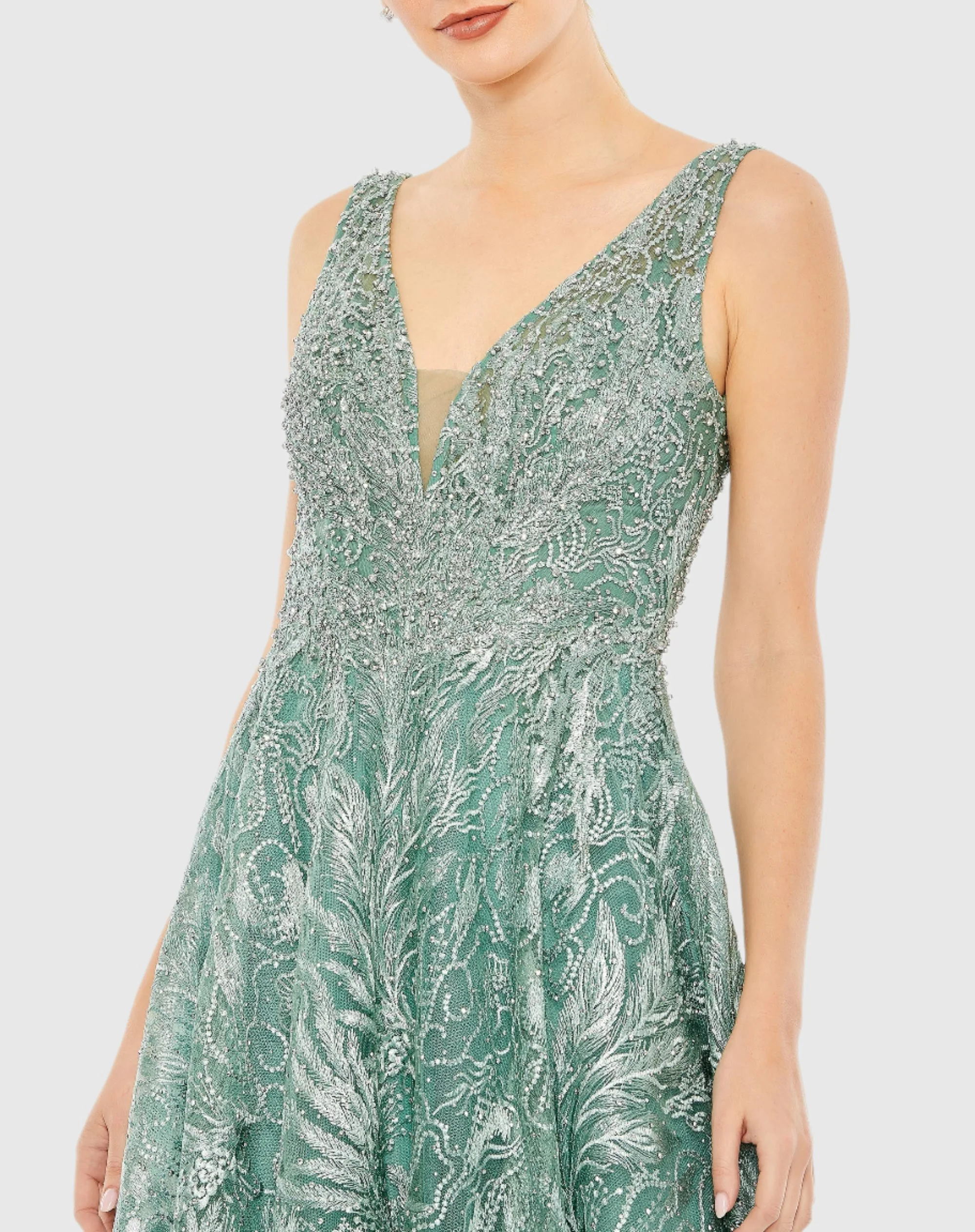 Green V-Neck Low Cut Back Floral Embroidered A-Line Dress
