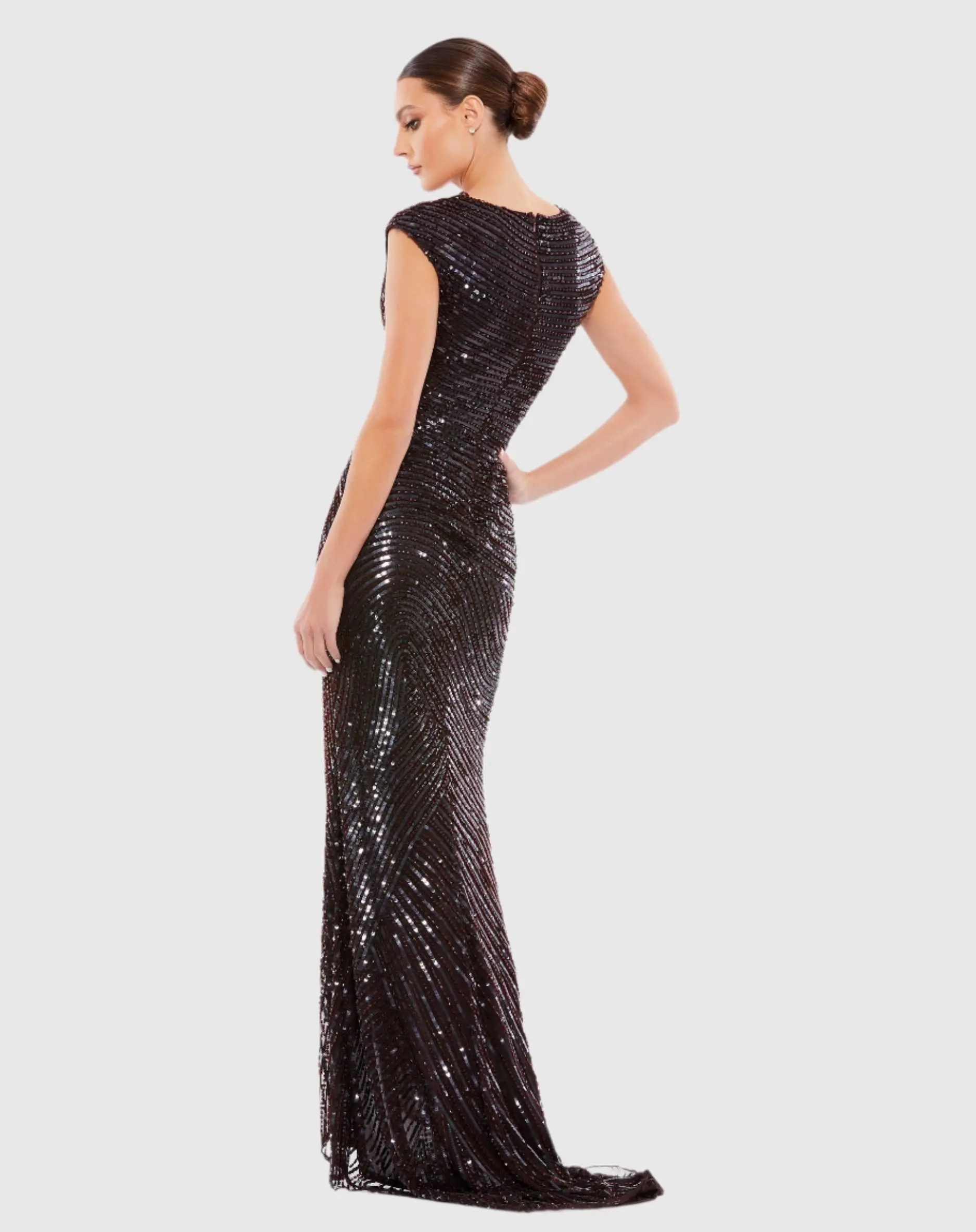 Dark Brown Cap Sleeve Sequined Evening Gown