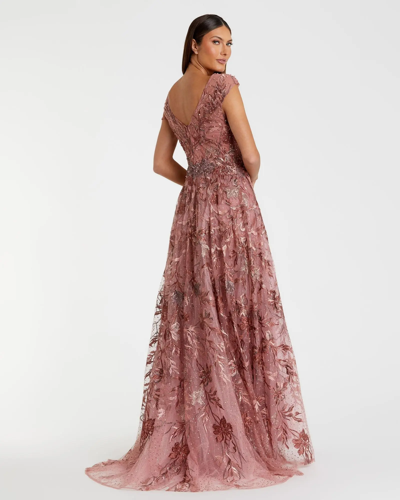 Pink Embroidered Illusion Cap Sleeve A Line Gown