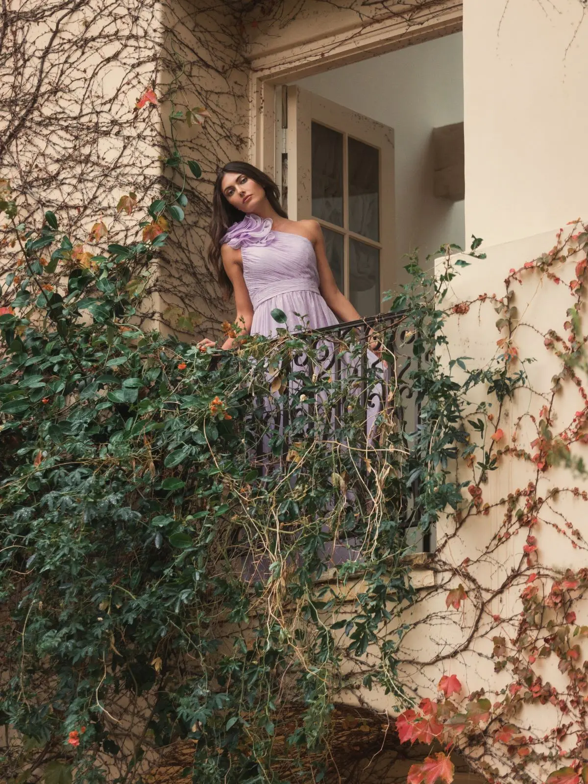 Purple Polka Dot Ruffled One Shoulder Gown