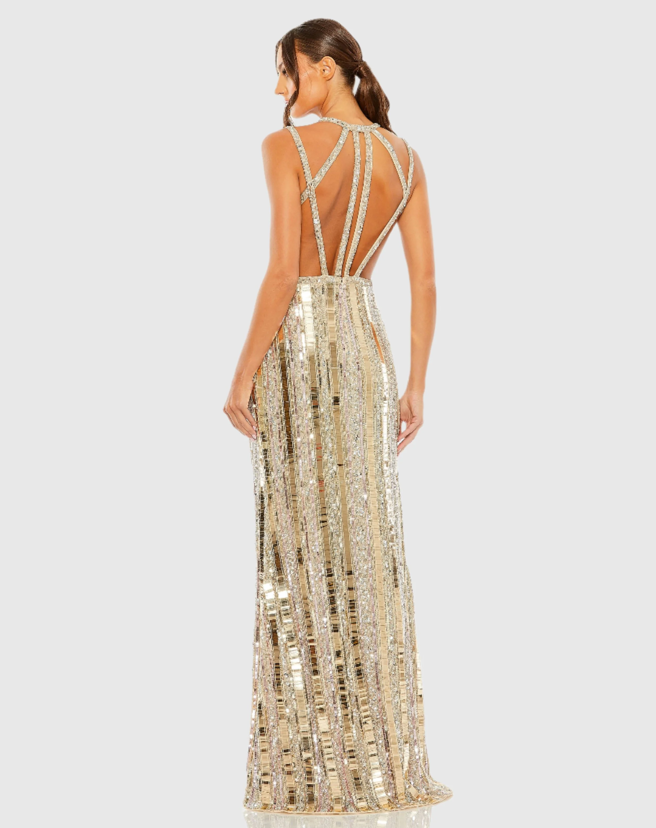 Gold Halter Neck Embellished Detailed Back Gown