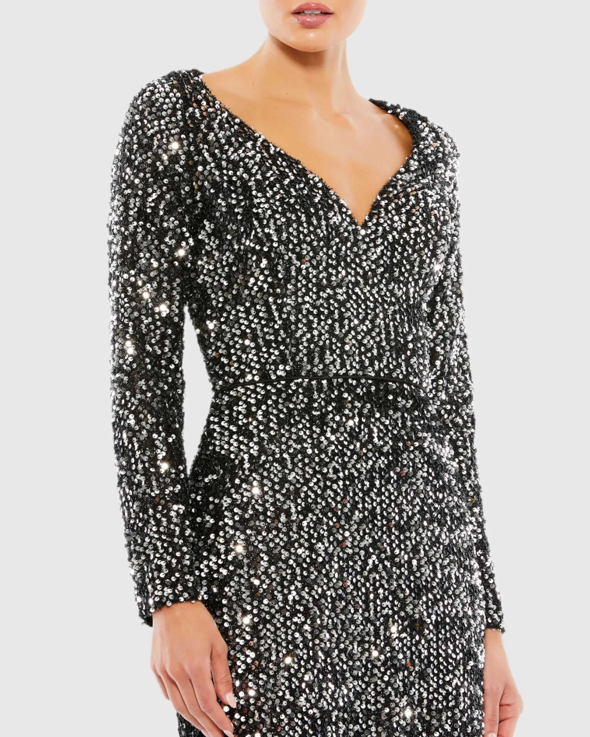 Black and Silver Long Sleeve Sequined Gown