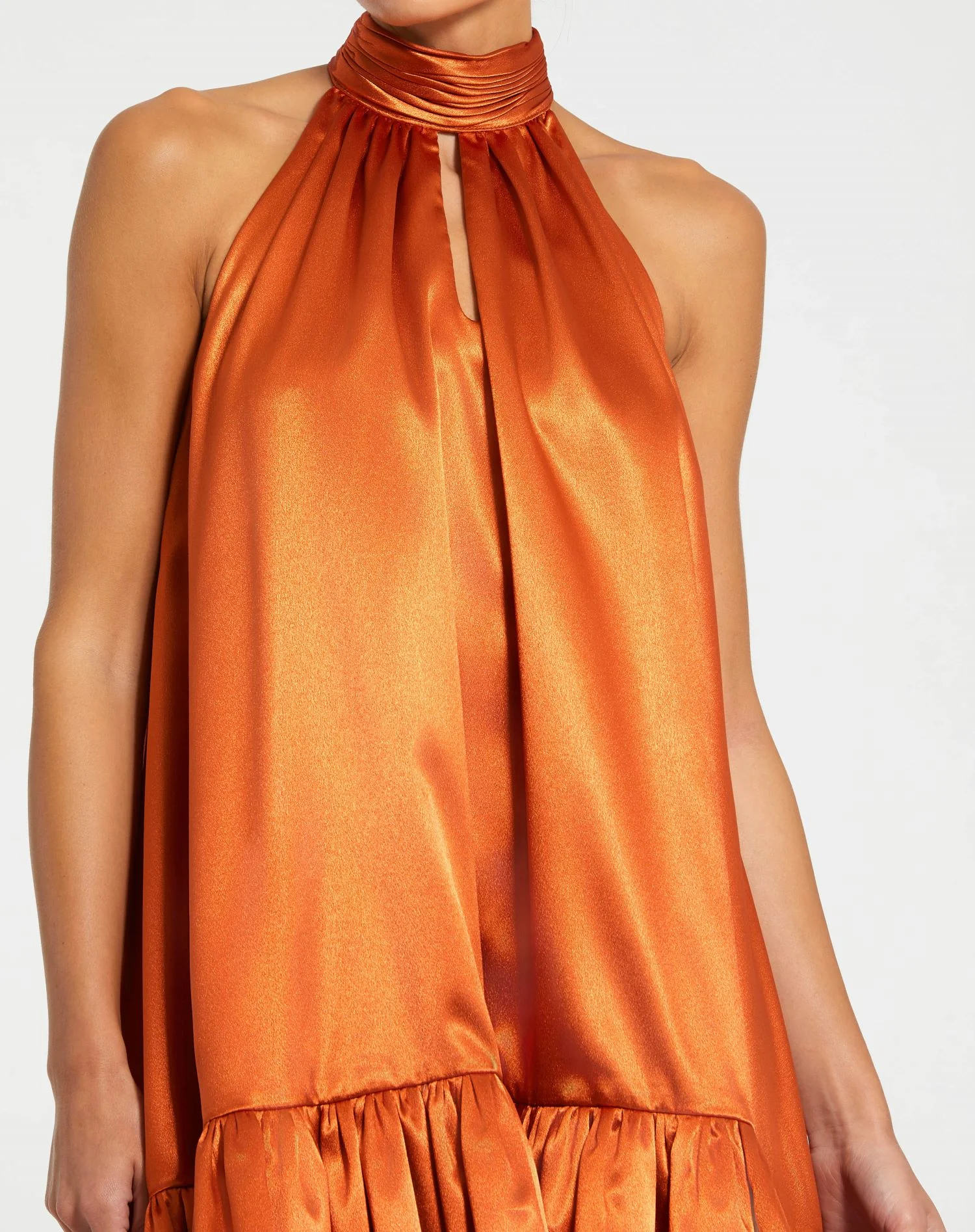 Orange High Neck Satin Mini Dress With Keyhole