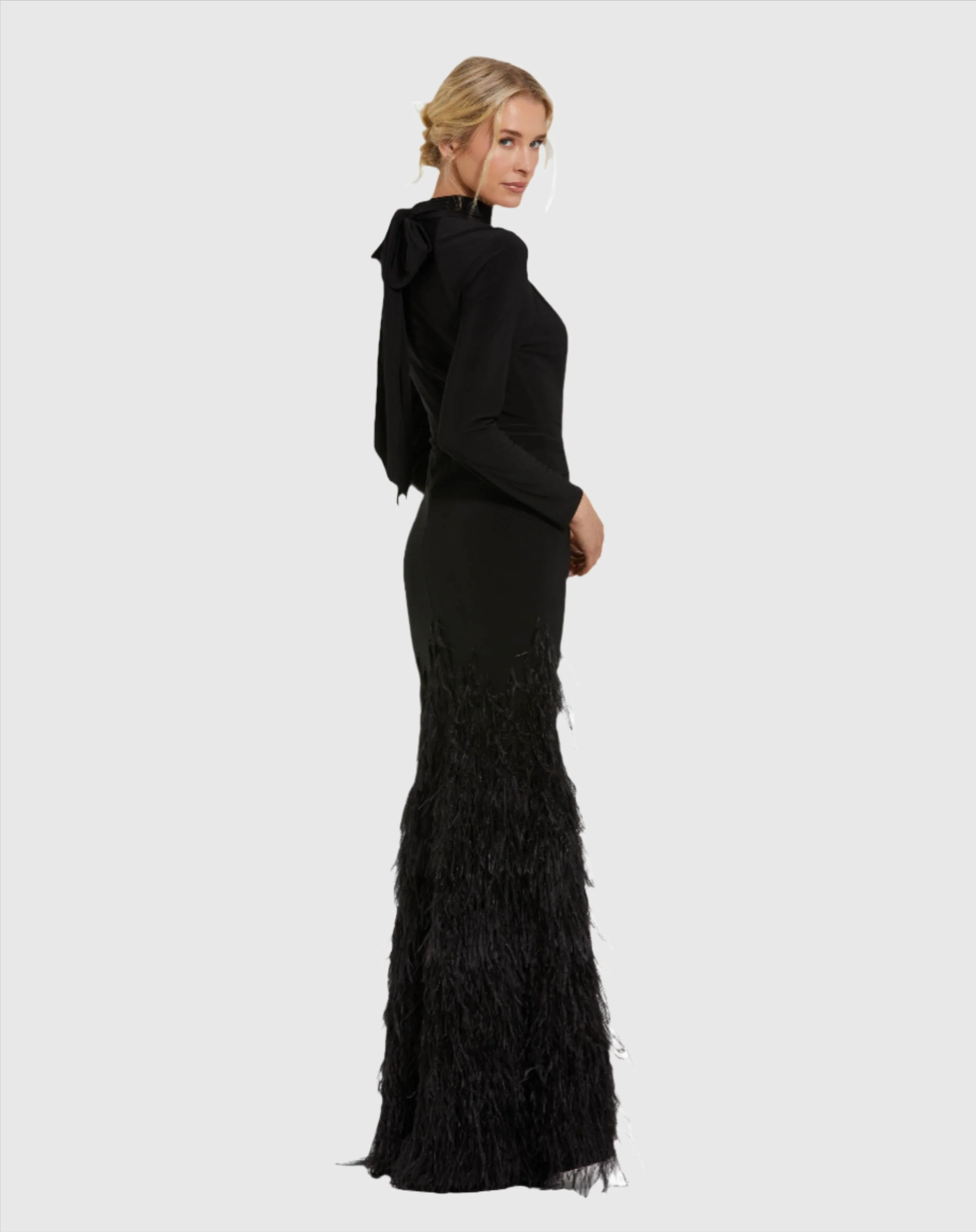 Black Jersey Long Sleeve High Neck Feather Gown