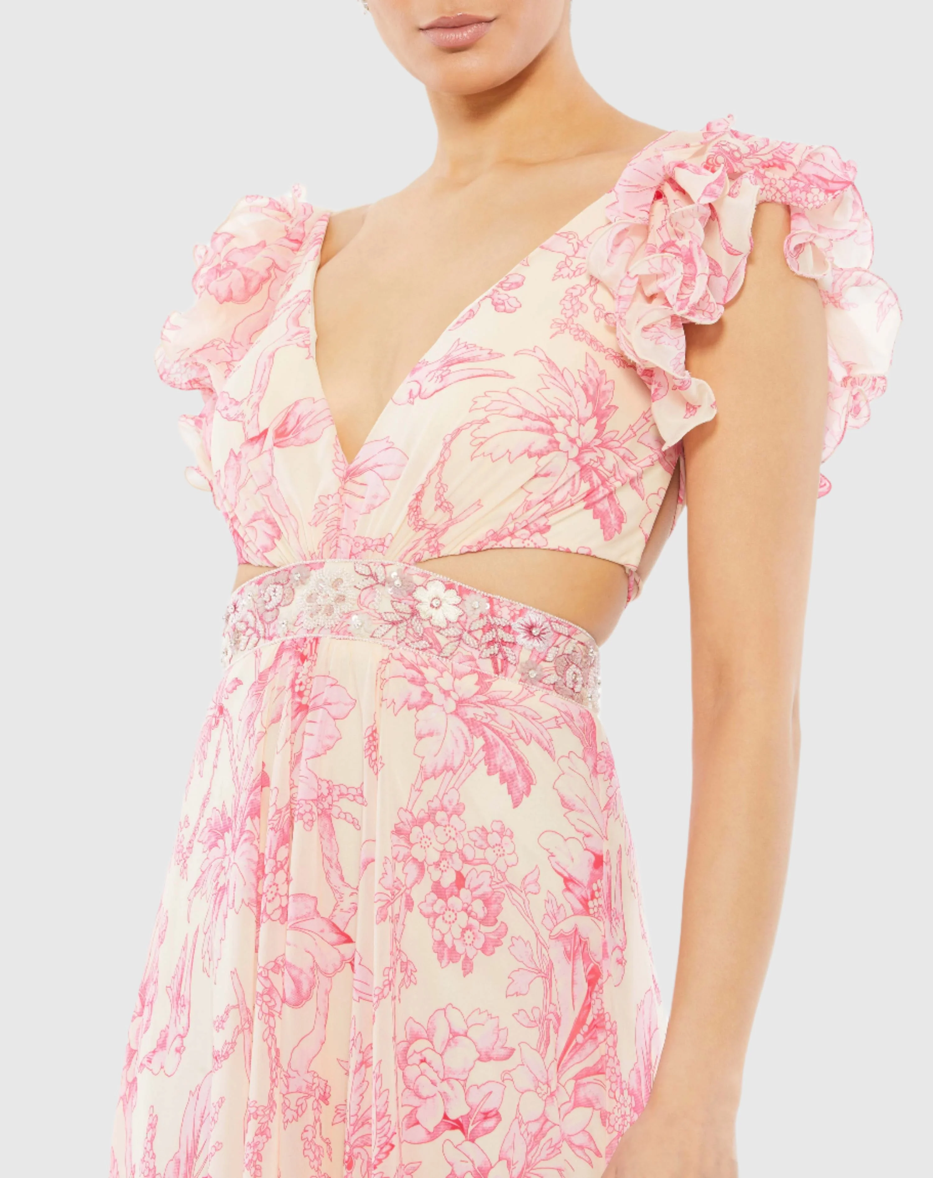 Floral Printed Ruffle Shoulder Lace Up Gown