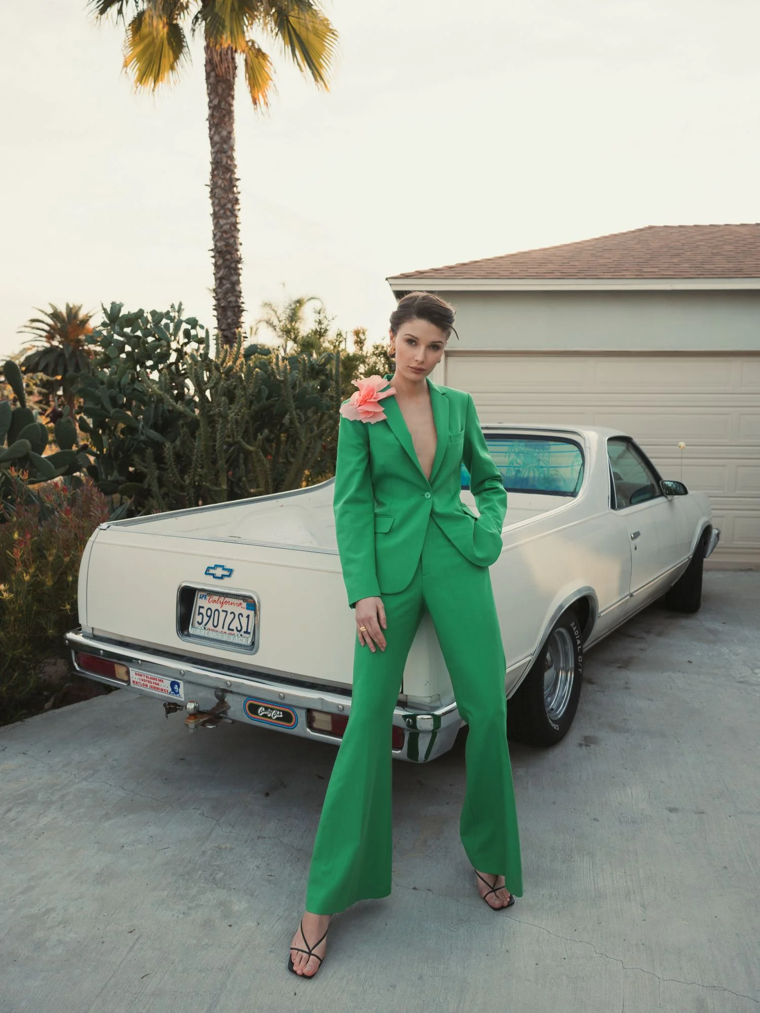 Green Classic Crepe Blazer Jacket With Flower - FINAL SALE