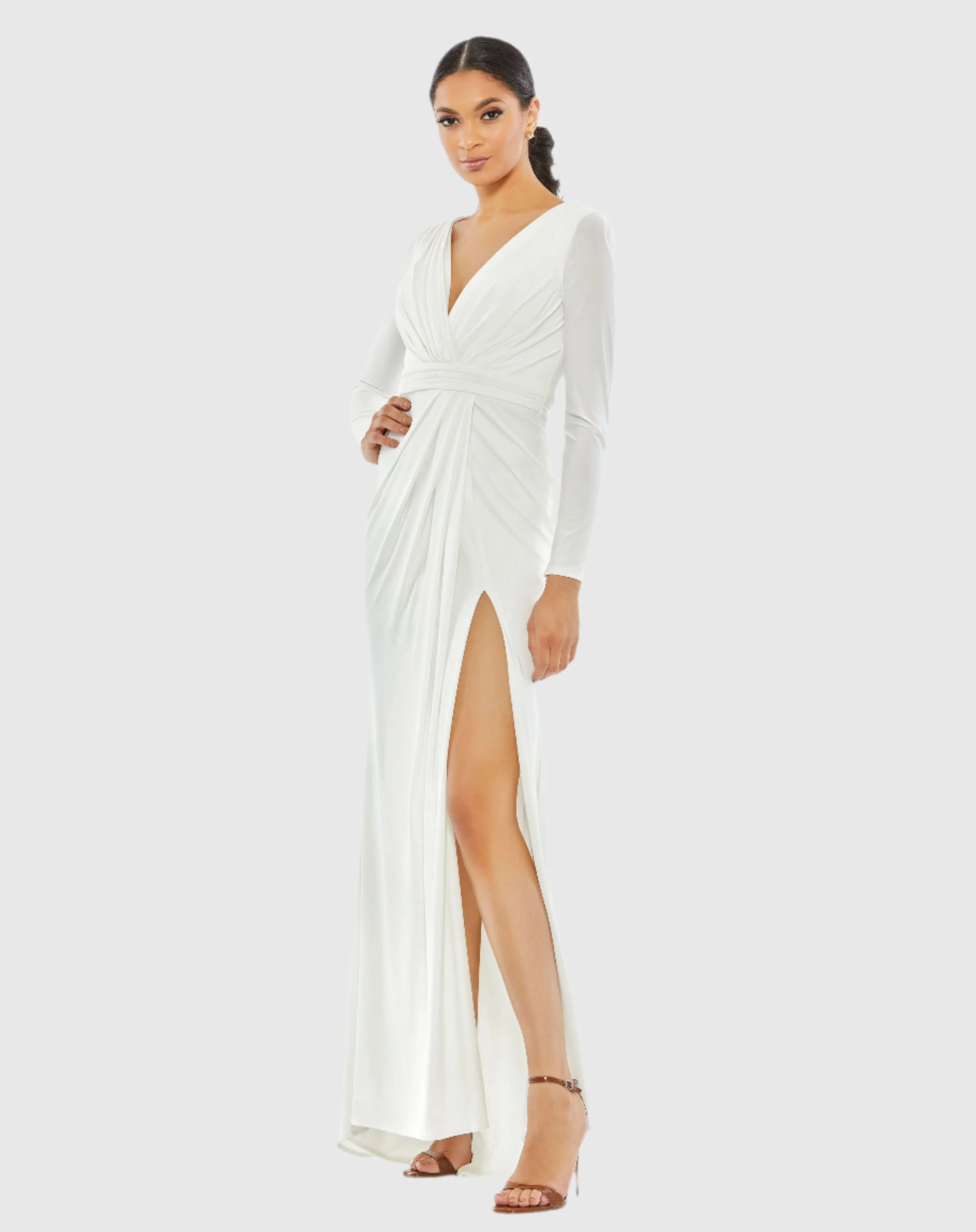 White V-Neck Long Sleeve High Slit Gown