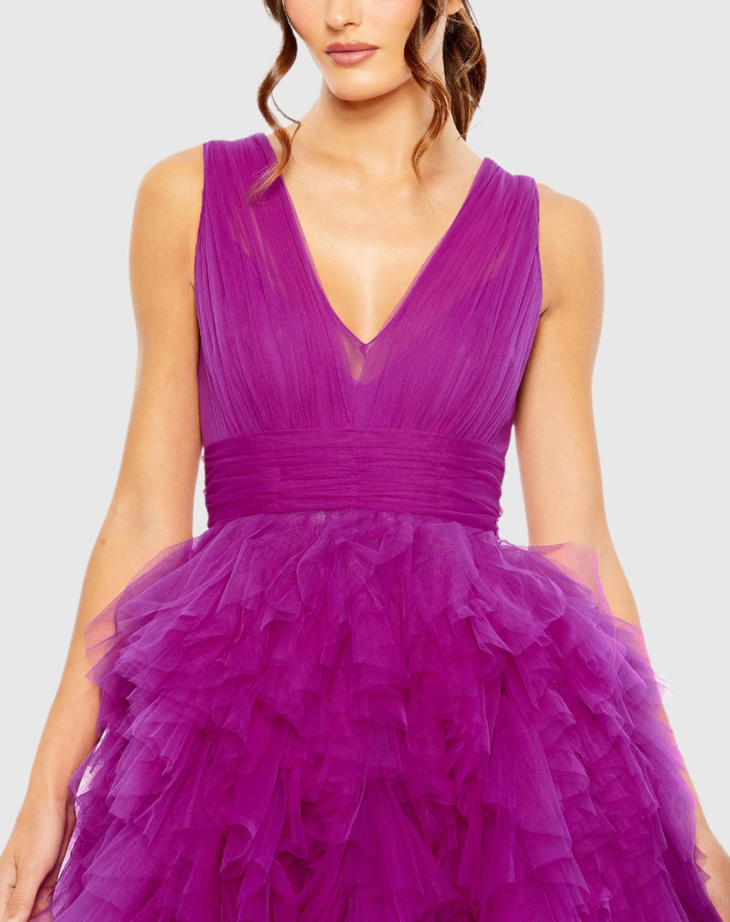 Purple Ruffled Cap Sleeve V-Neck A Line Tulle Dress