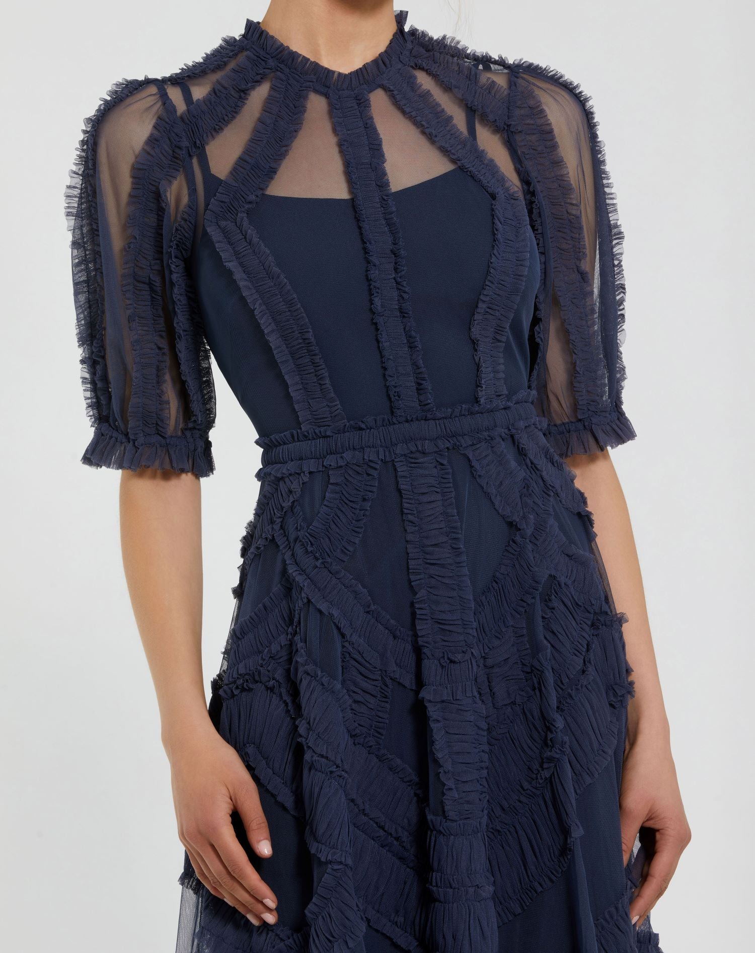 Dark Blue High Neck Micro Ruffle Tiered Midi Dress