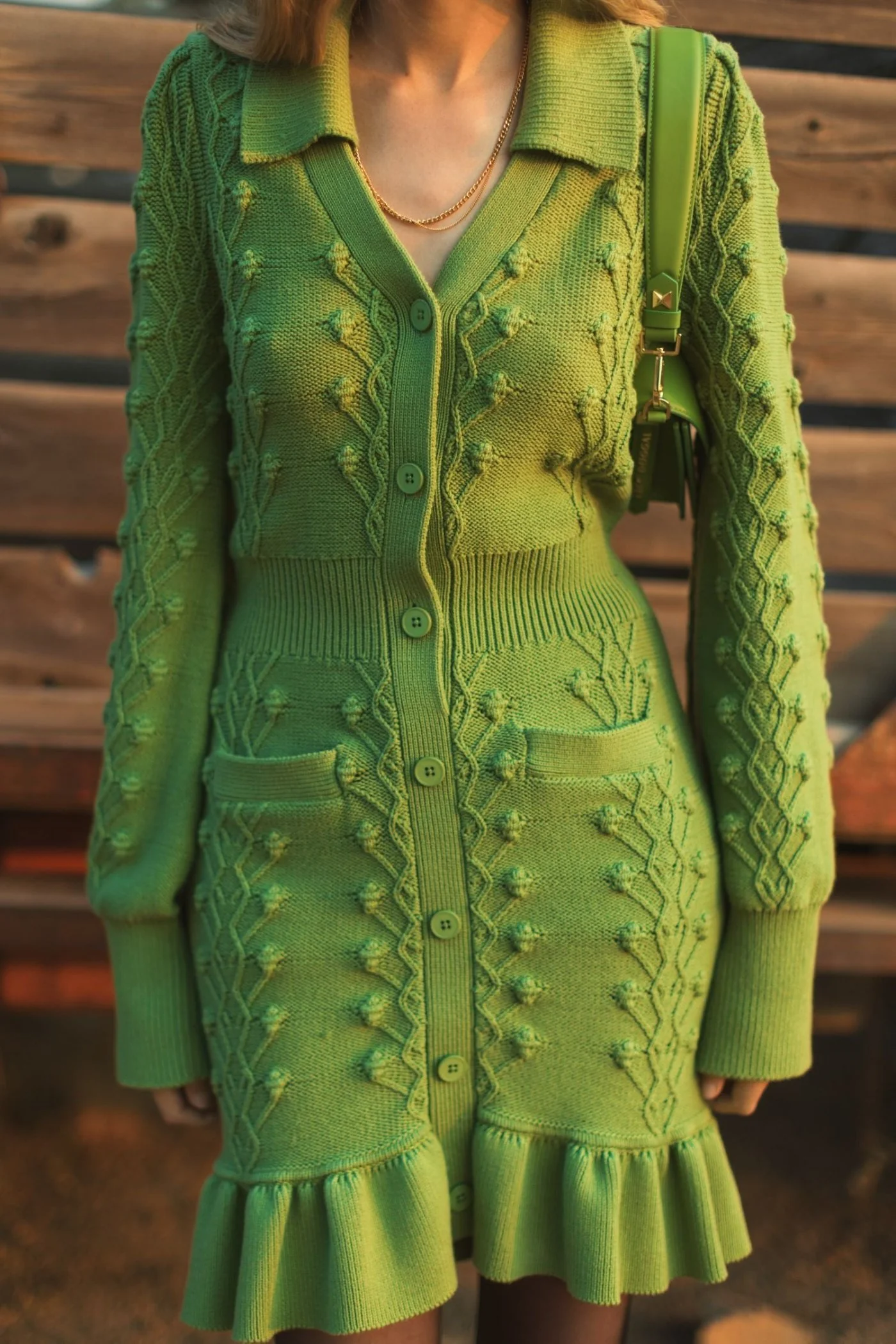 Green Long Sleeve Button Up Collared Bobble Knit Sweater Dress