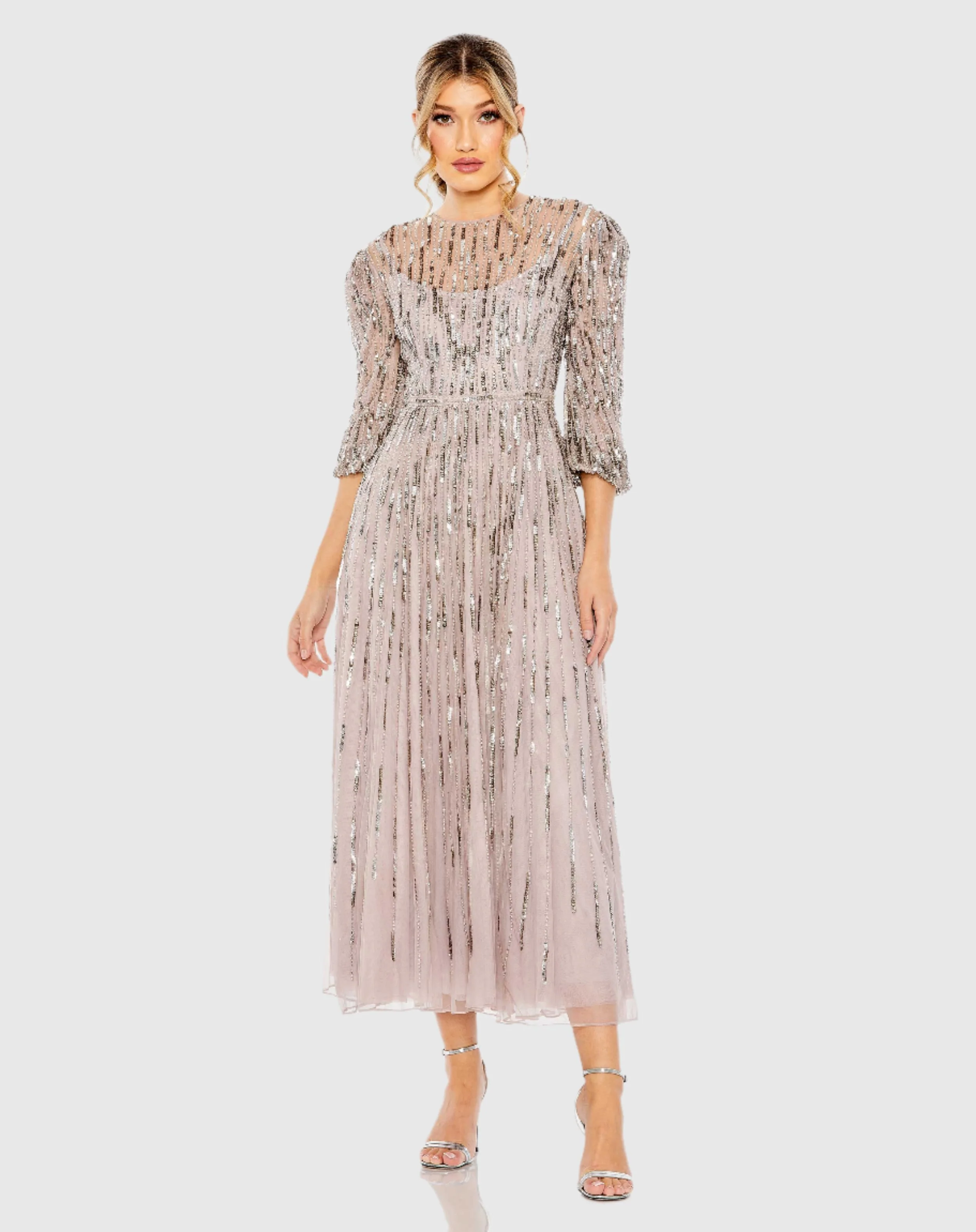 Purple Beaded High Neck Midi Dress