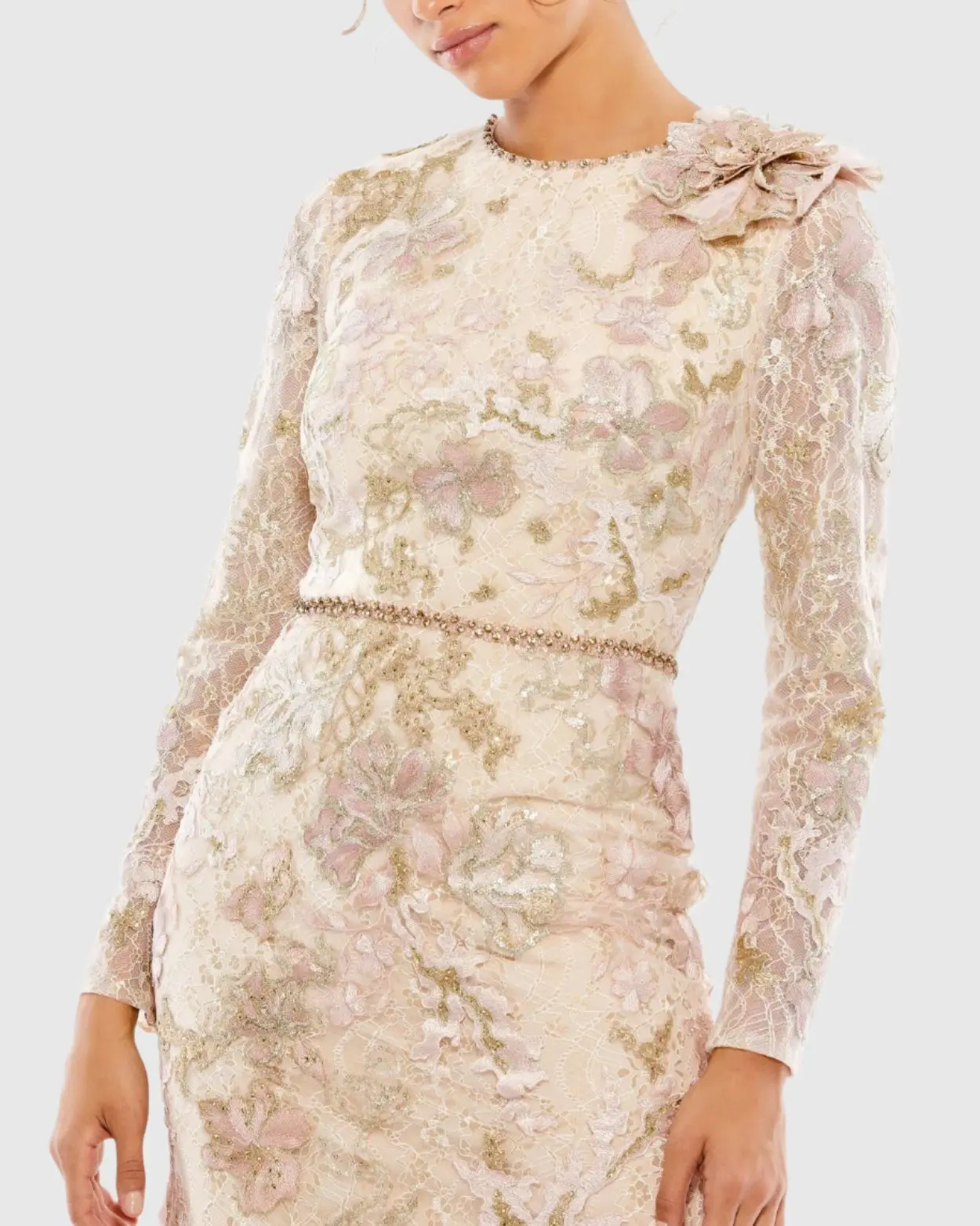 Pink and Beige Floral Embroidered Lace Trumpet Gown