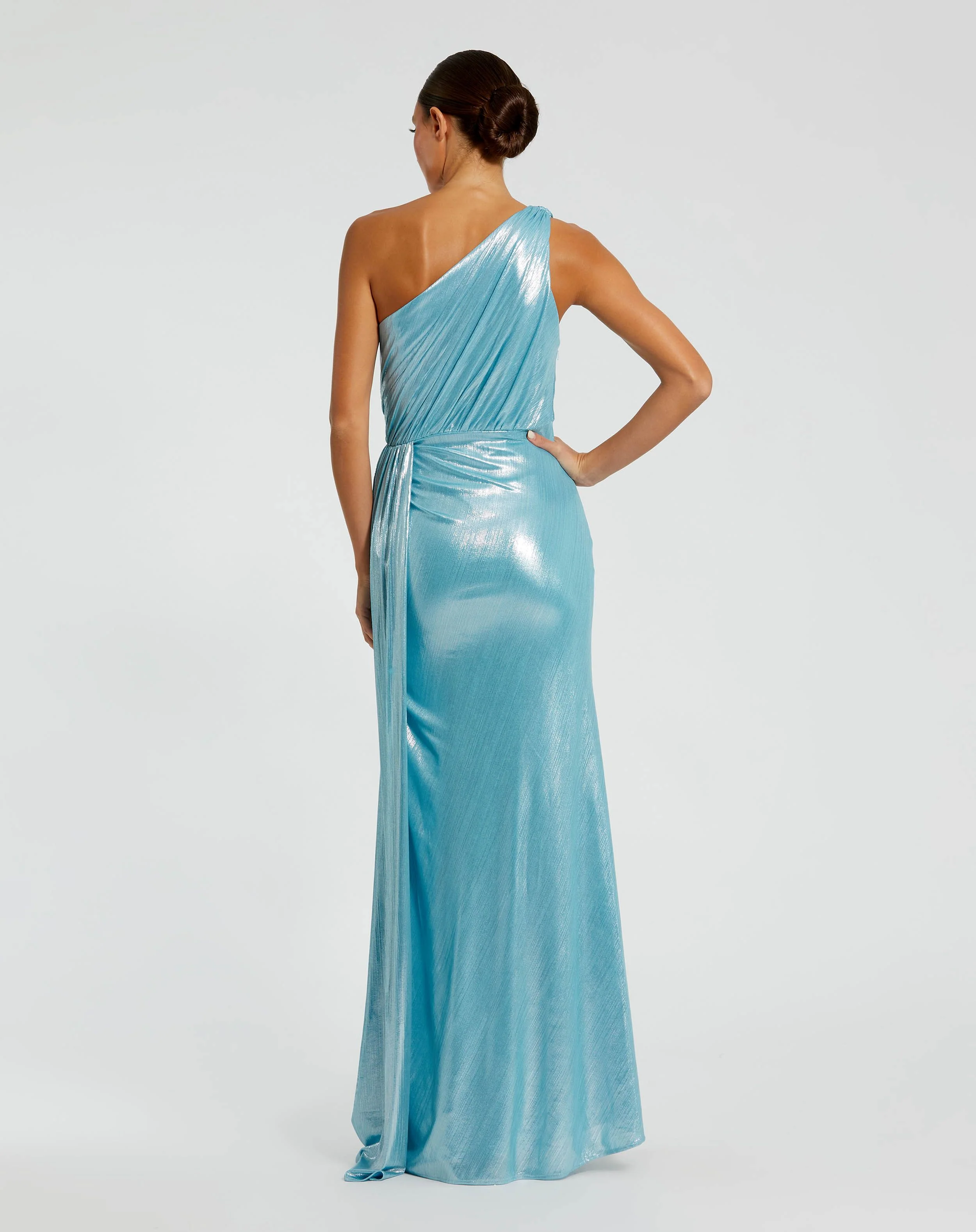 Blue One Shoulder Draped Gown
